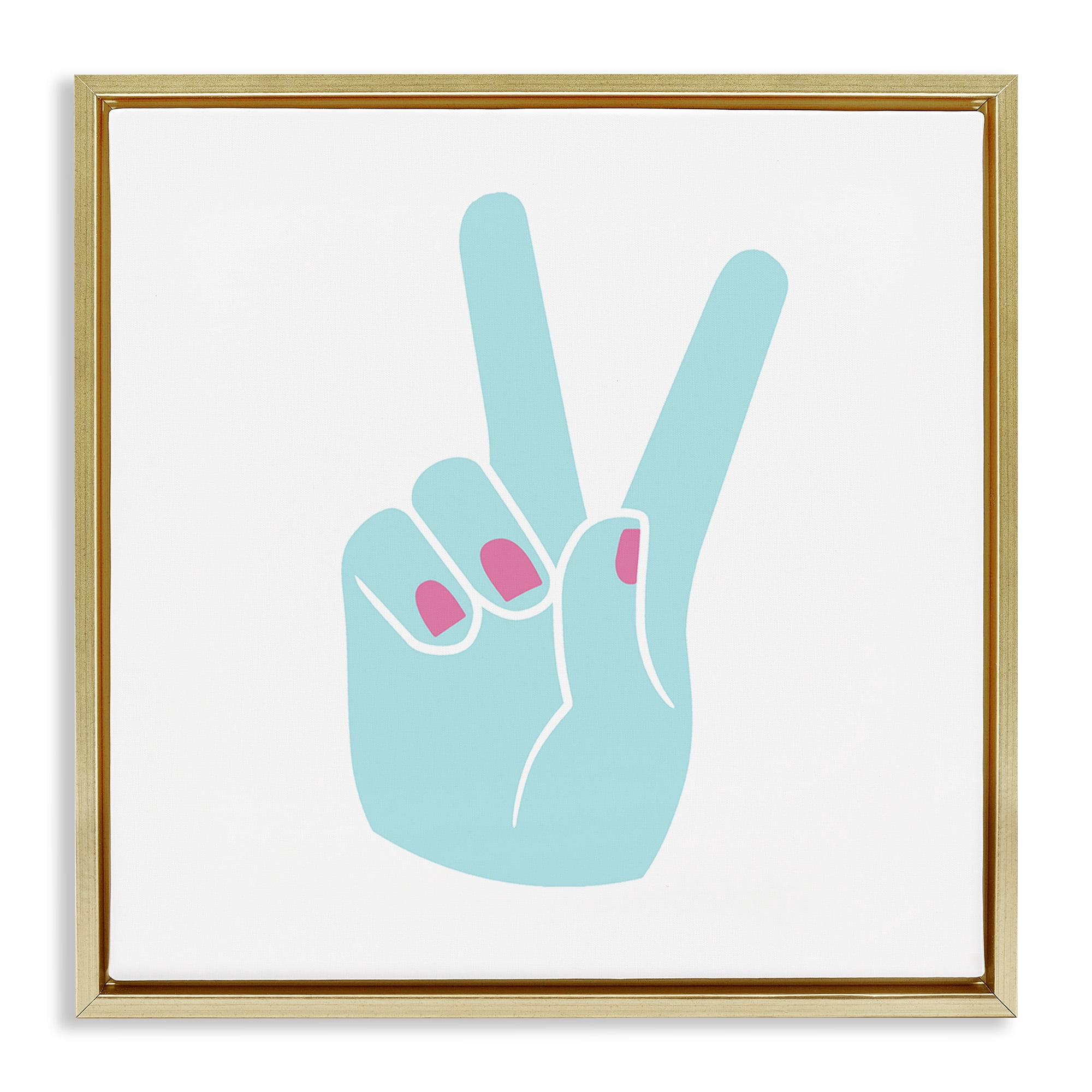 Stupell Industries Peace Hand with Nail Polish Art for Kids Painting Gold Floater Framed Canvas Art Print Wall Art, 18 x 18