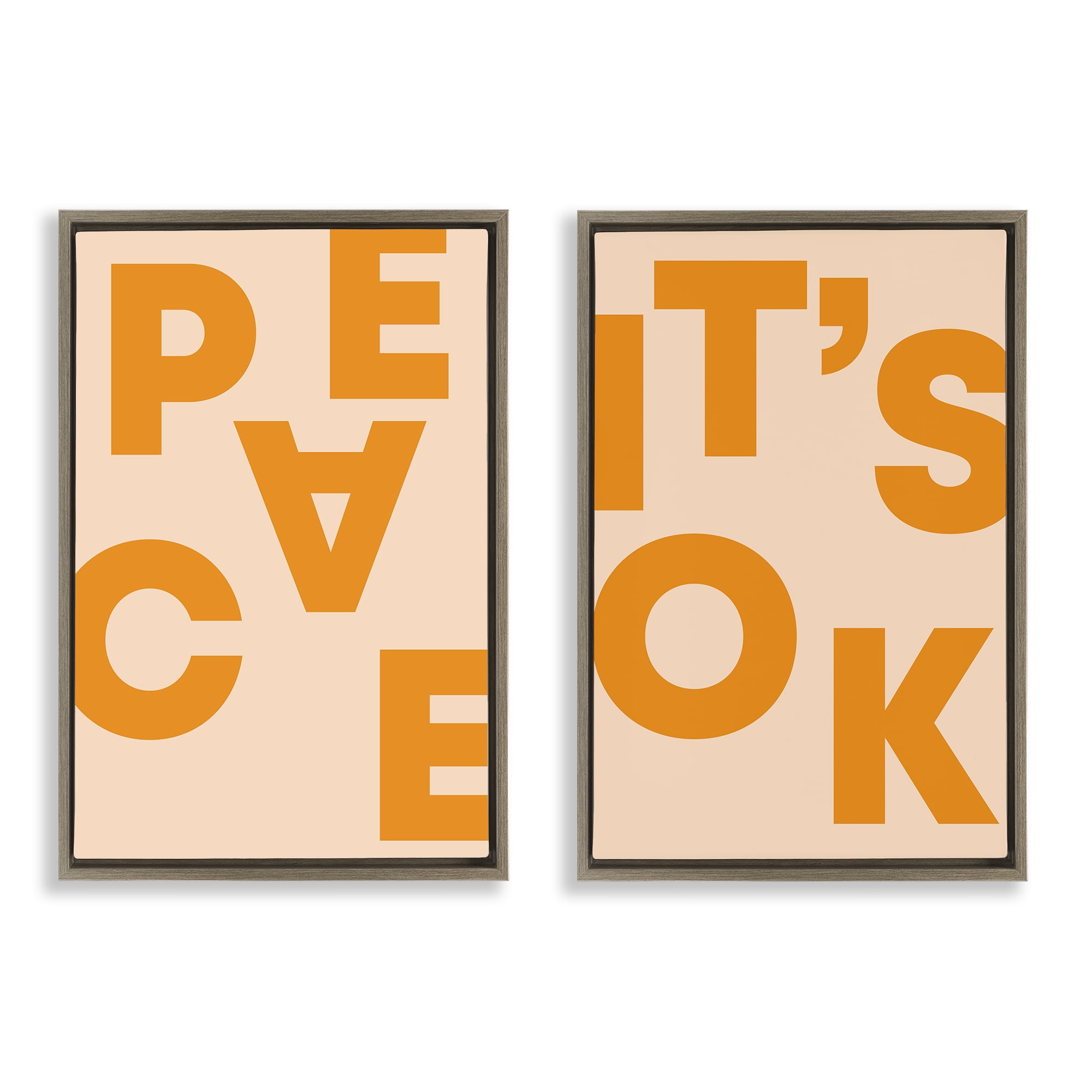 Stupell Industries Peace It's Ok Orange Text & Numbers Painting Brown Floater Framed Canvas Art Print Wall Art, 21 x 31, Set of 2