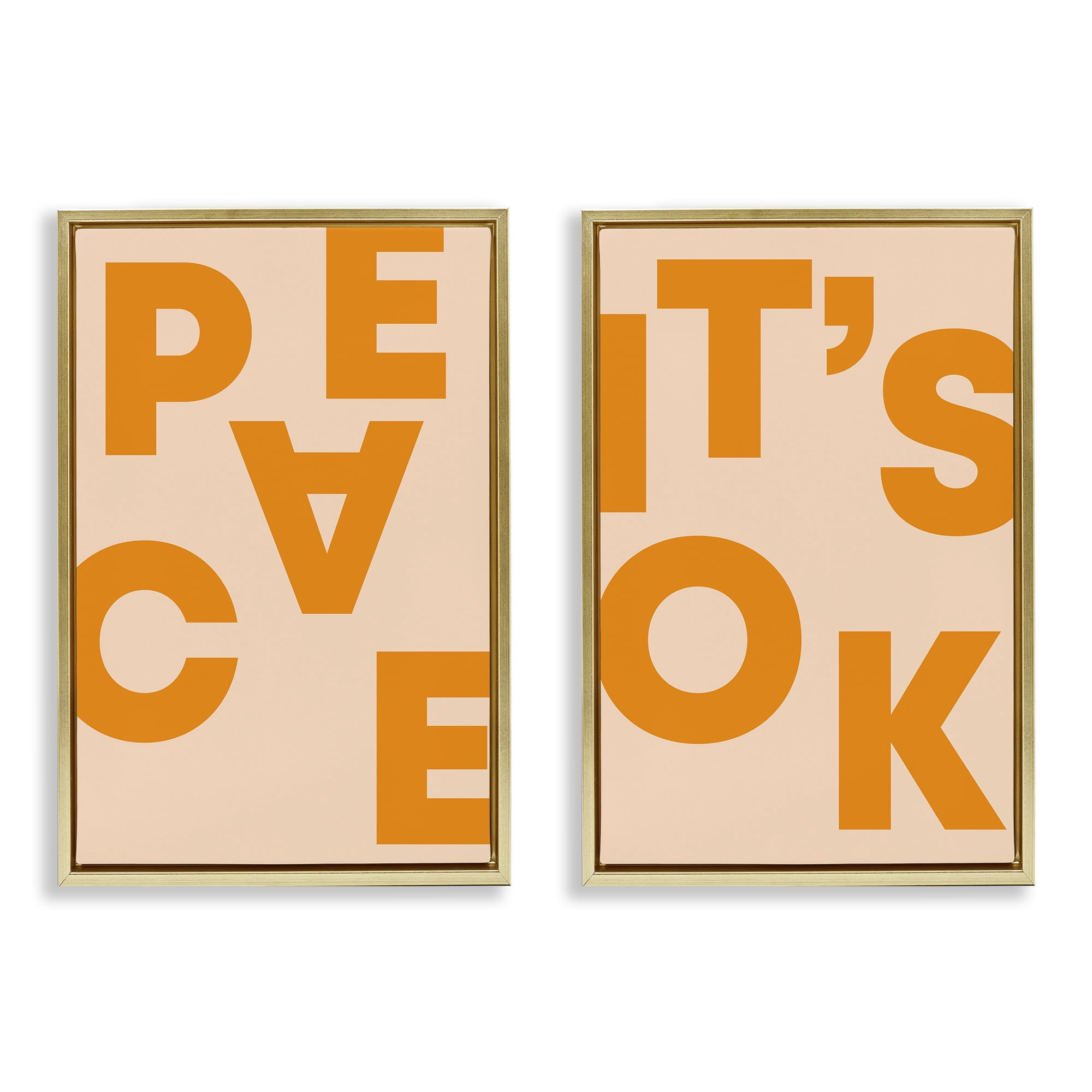 Stupell Industries Peace It's Ok Orange Text & Numbers Painting Gold Floater Framed Canvas Art Print Wall Art, 17 x 25, Set of 2