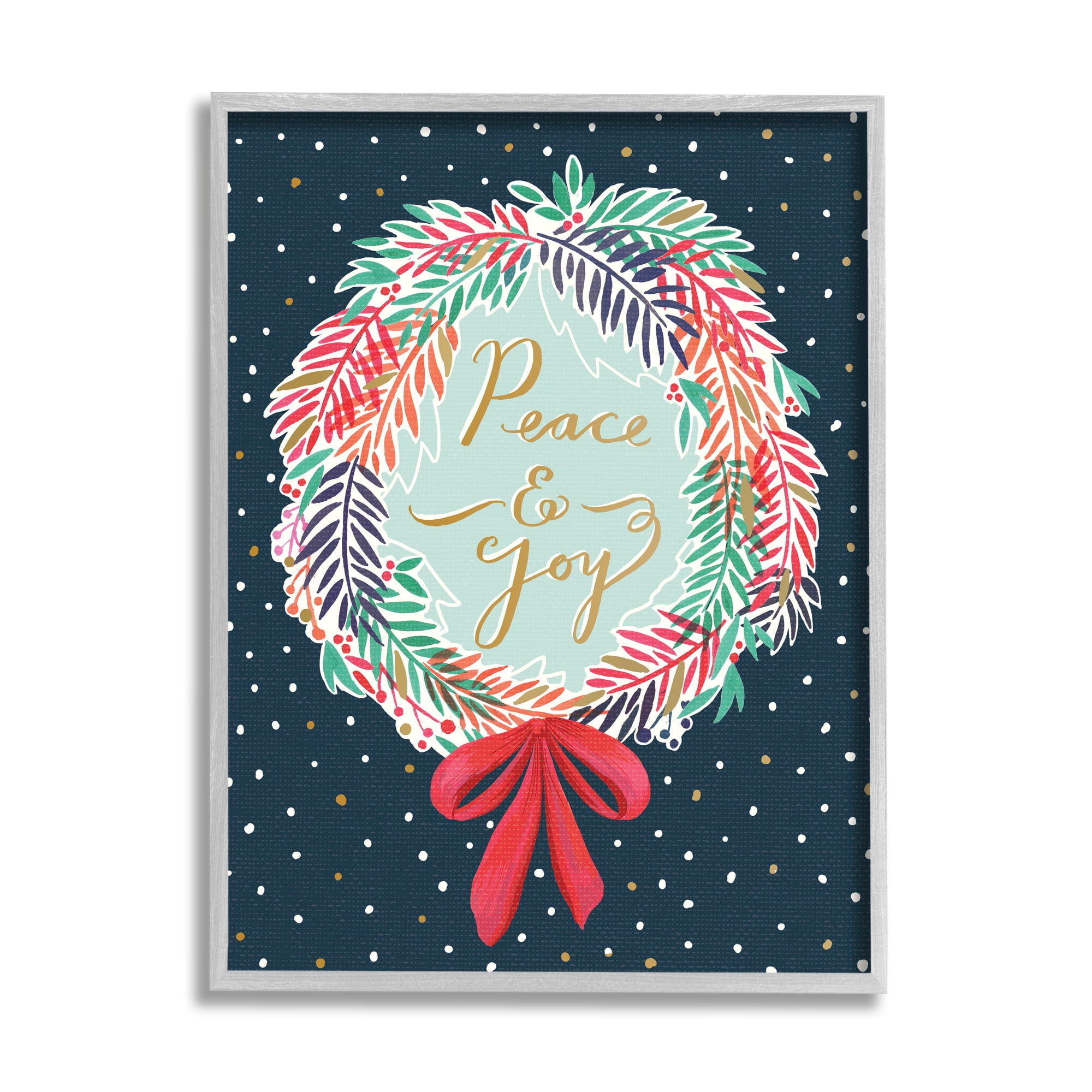 Stupell Industries Peace & Joy Festive Holiday Wreath Polka Dot Pattern Inspirational Painting Gray Framed Art Print Wall Art, 11 x 14