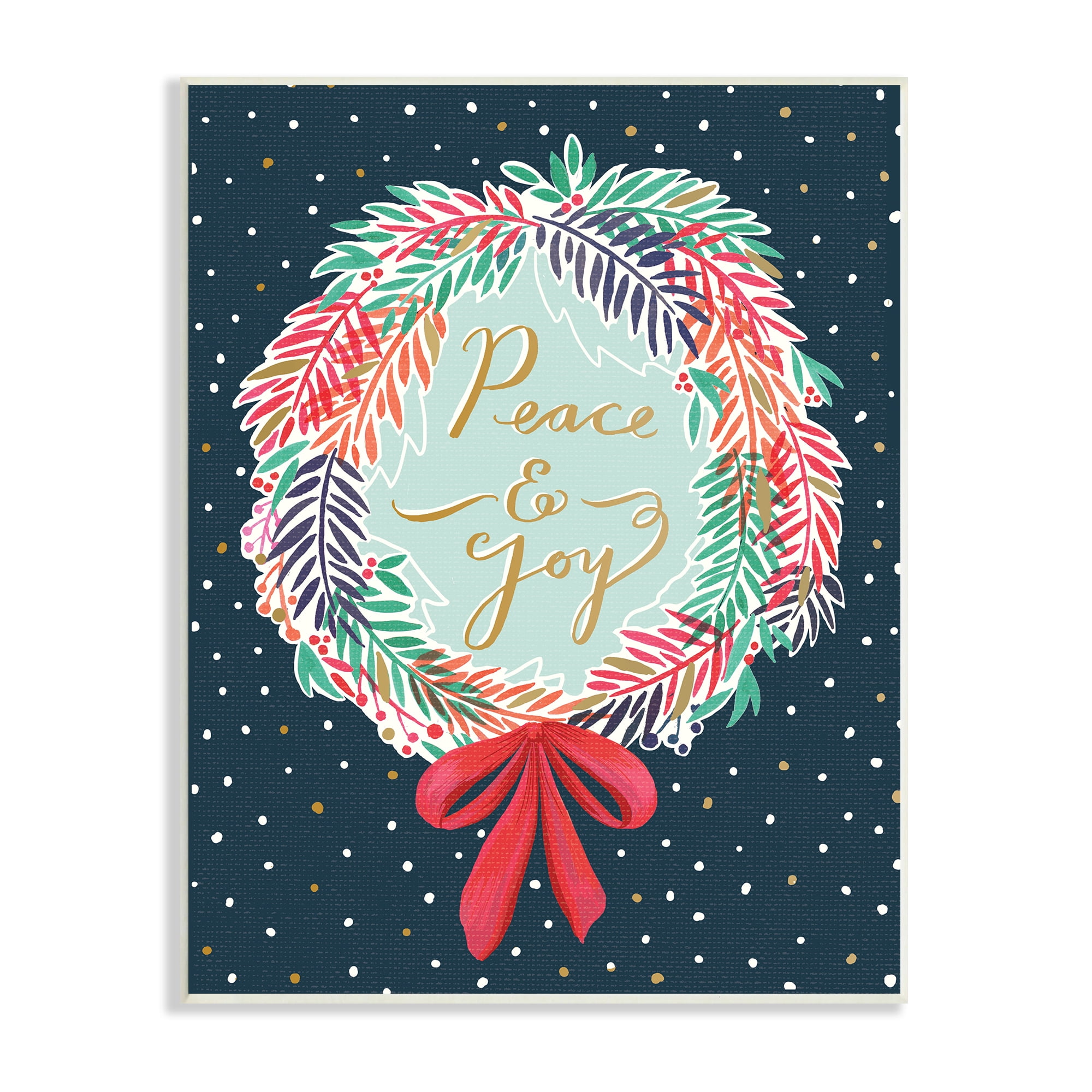 Stupell Industries Peace & Joy Festive Holiday Wreath Polka Dot Pattern Inspirational Painting Unframed Art Print Wall Art, 13 x 19