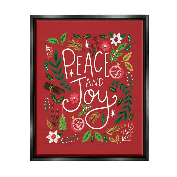 Stupell Industries Peace & Joy Holiday Botanicals Plants Modern Calligraphy Graphic Art Jet Black Floating Framed Canvas Print Wall Art, Design by Louise Allen