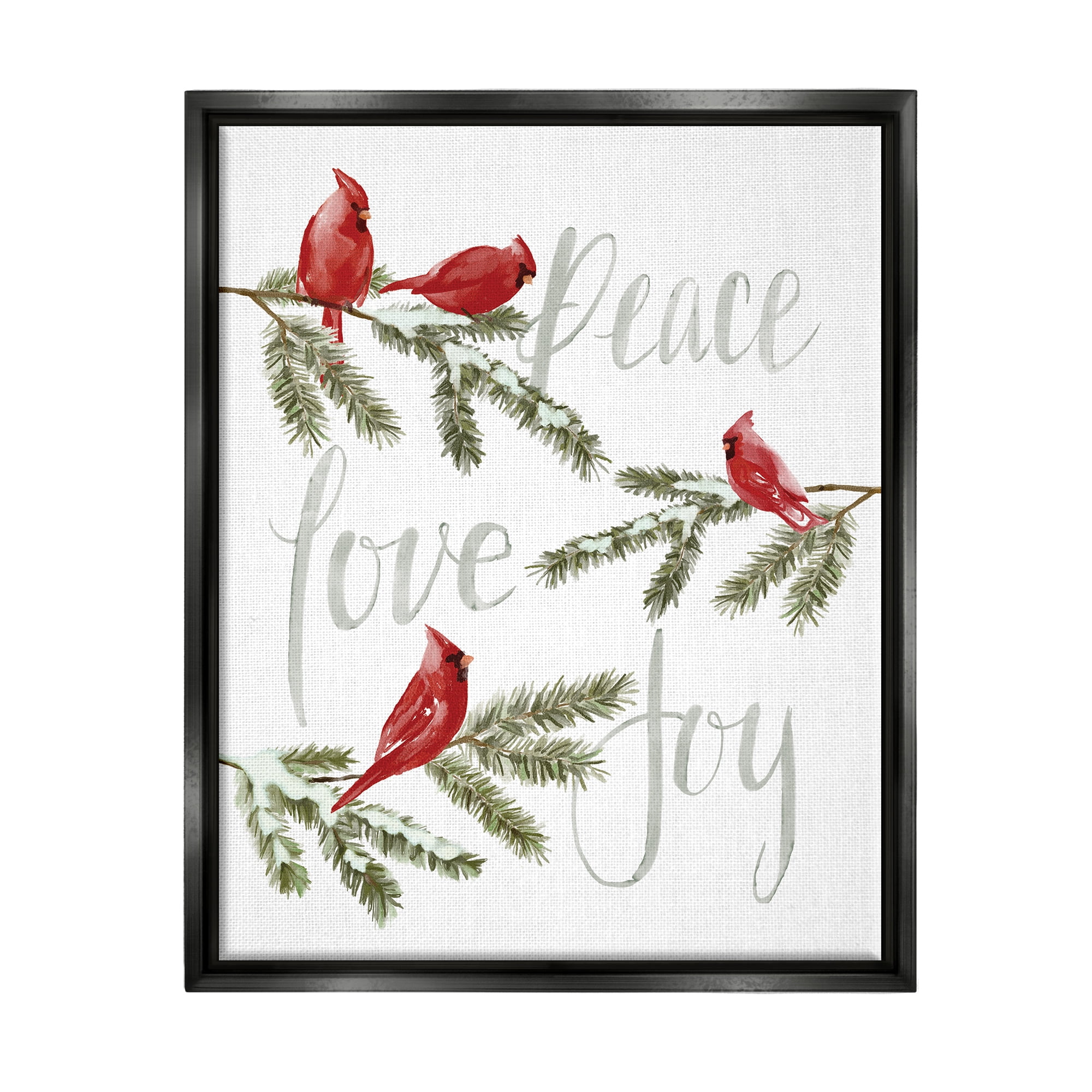 Stupell Industries Peace Love Joy Cardinals Holiday Painting Black Floater Framed Art Print Wall Art, 25 x 31