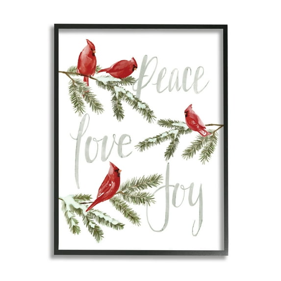 Stupell Industries Peace Love Joy Cardinals Holiday Painting Black Framed Art Print Wall Art, 16 x 20
