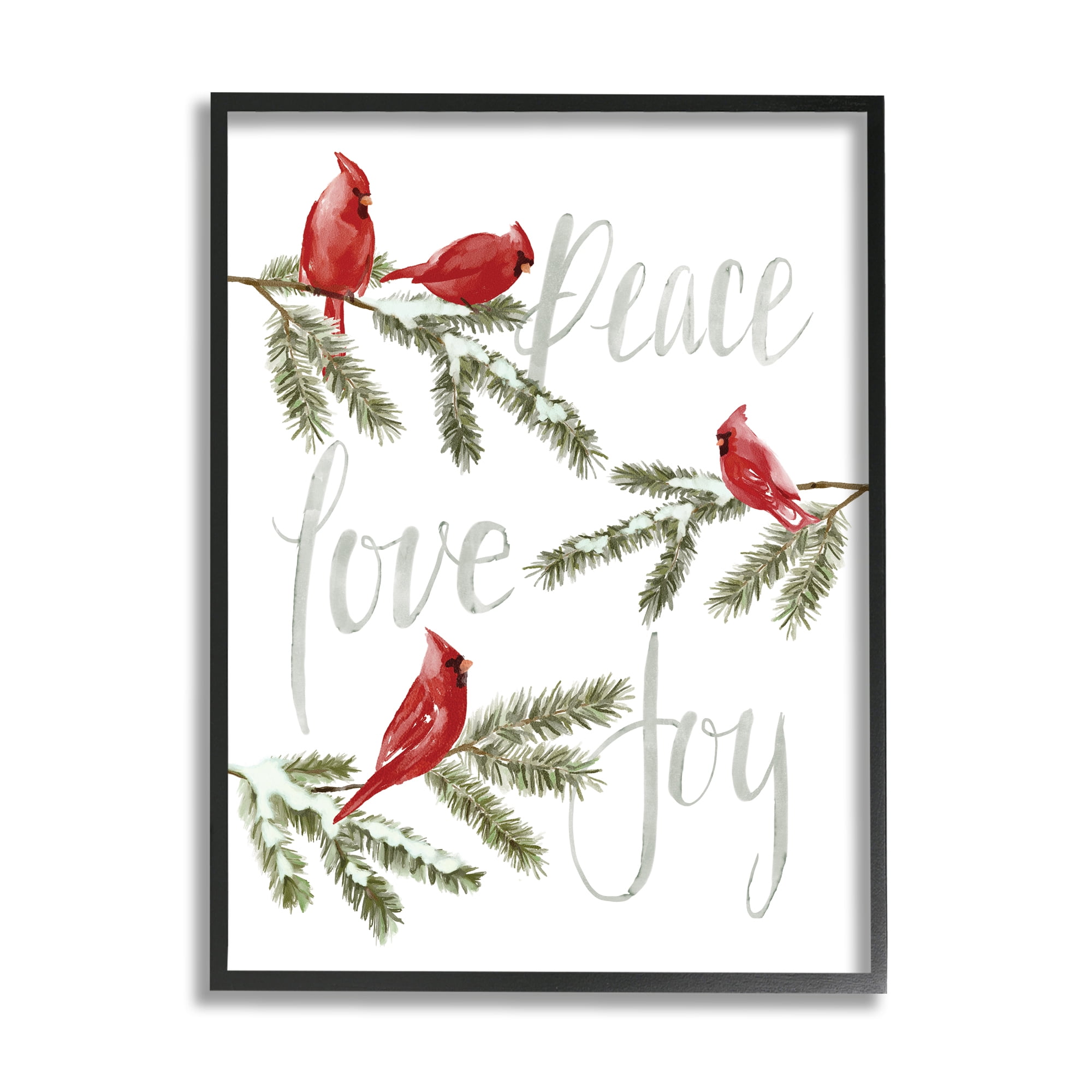 Stupell Industries Peace Love Joy Cardinals Holiday Painting Black Framed Art Print Wall Art, 24 x 30