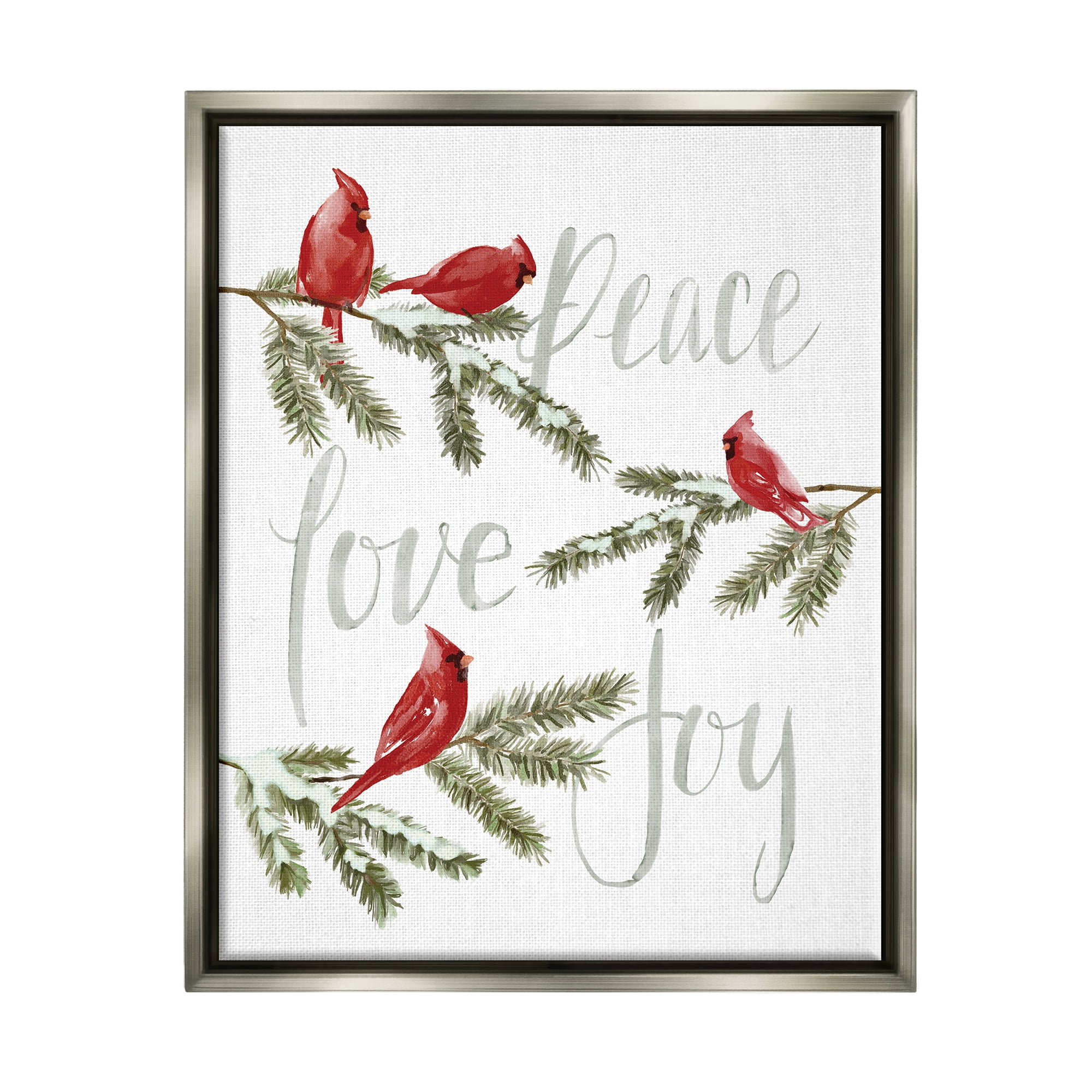 Stupell Industries Peace Love Joy Cardinals Holiday Painting Gray Floater Framed Art Print Wall Art, 25 x 31