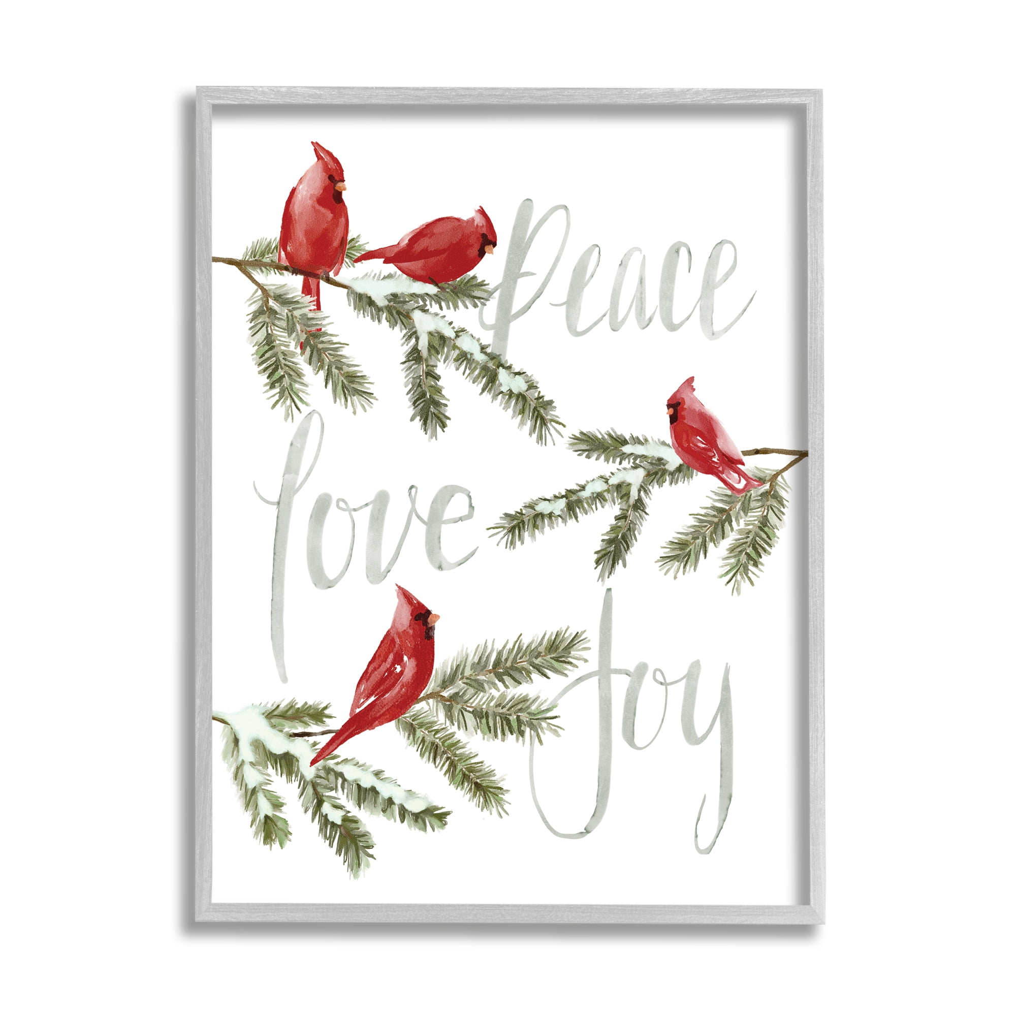 Stupell Industries Peace Love Joy Cardinals Holiday Painting Gray Framed Art Print Wall Art, 11 x 14