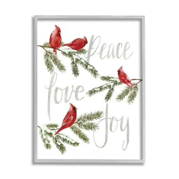 Stupell Industries Peace Love Joy Cardinals Holiday Painting Gray Framed Art Print Wall Art, 11 x 14