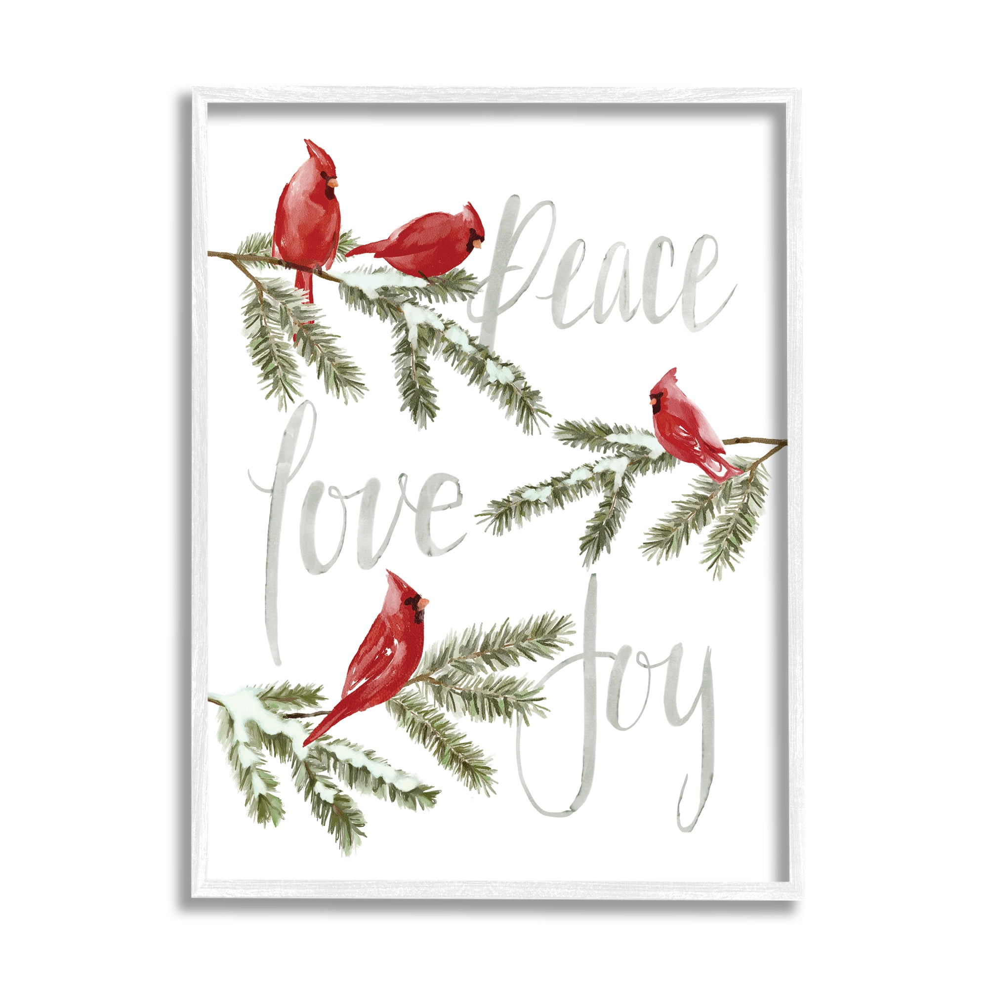 Stupell Industries Peace Love Joy Cardinals Holiday Painting White Framed Art Print Wall Art, 11 x 14