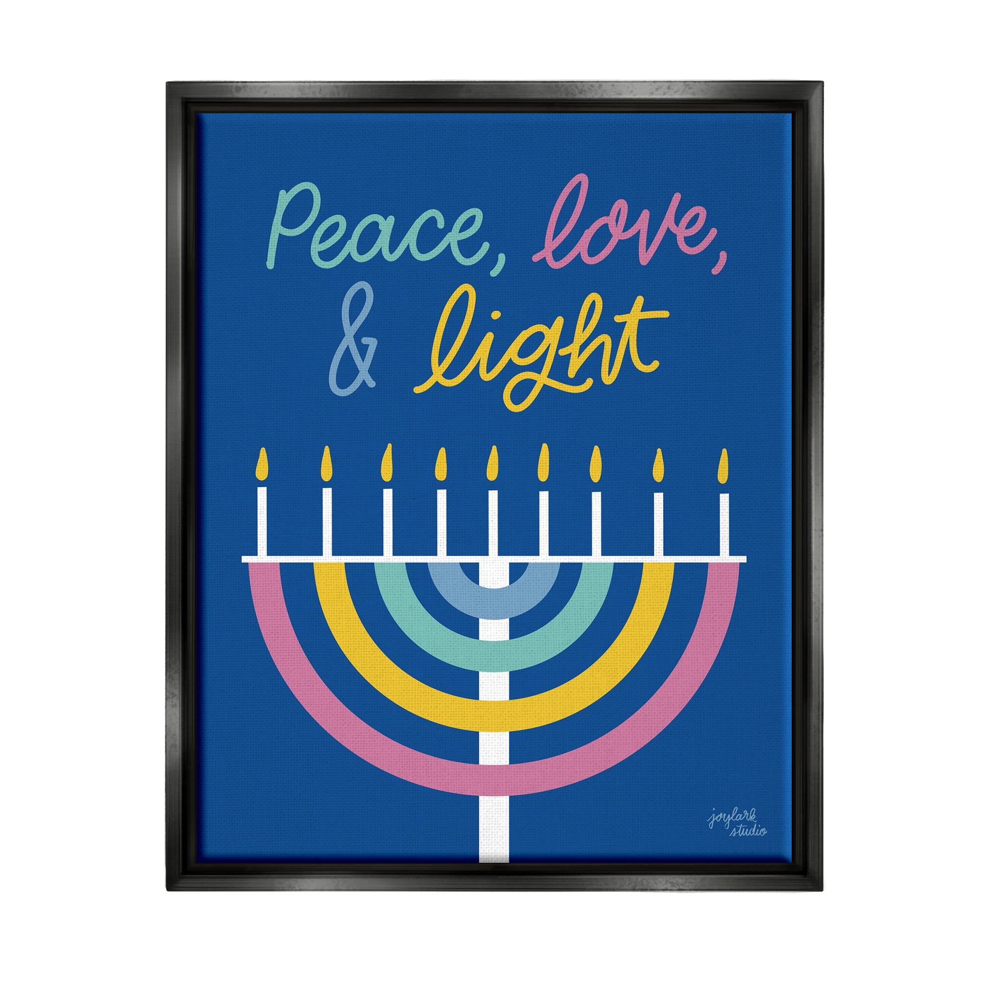 Stupell Industries Peace Love & Light Casual Holiday Hanukkah Menorah Graphic Art Jet Black Floating Framed Canvas Print Wall Art, Design by Jess Baskin