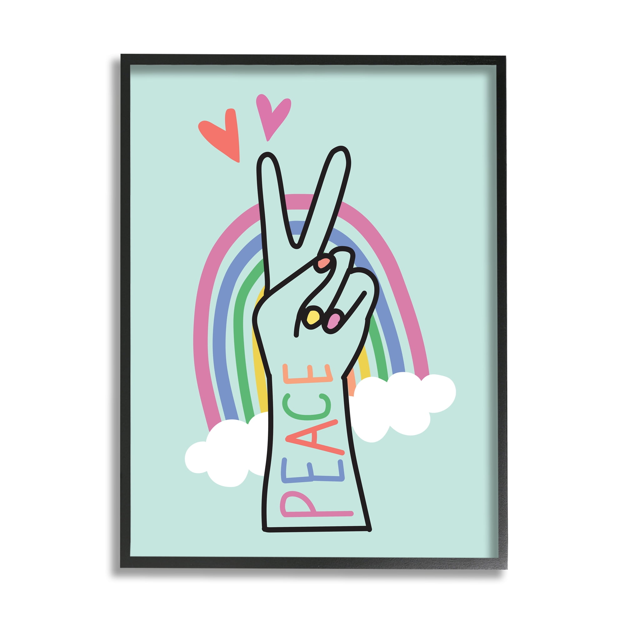 Stupell Industries Peace Love Rainbow Playful Turquoise Hand Sign Design by Nina Seven, 16" x 20", Black Framed