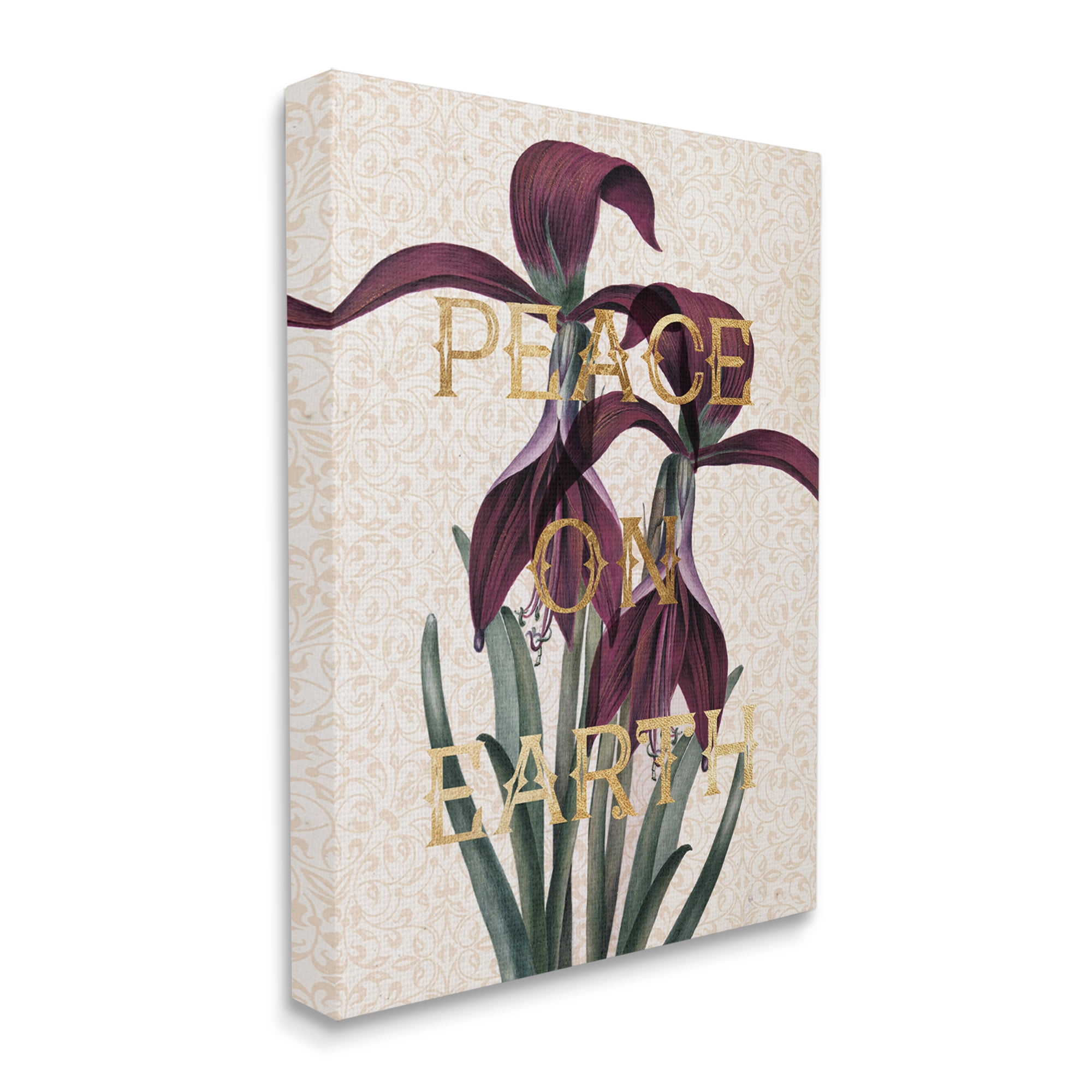 Stupell Industries Peace On Earth Phrase Purple Iris Elegant Pattern Botanical & Floral Painting Gallery Wrapped Canvas Print Wall Art, 30 x 40