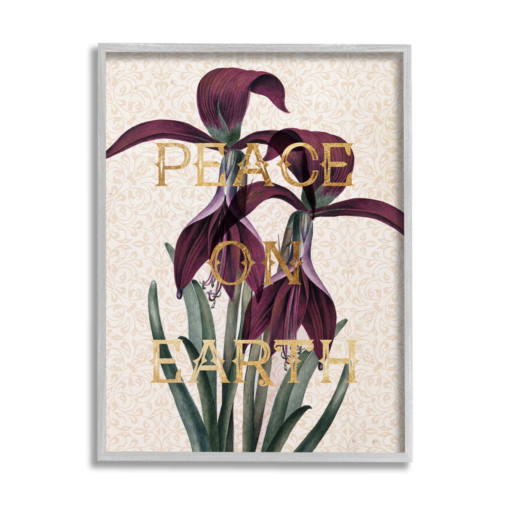 Stupell Industries Peace On Earth Phrase Purple Iris Elegant Pattern Botanical & Floral Painting Gray Framed Art Print Wall Art, 11 x 14
