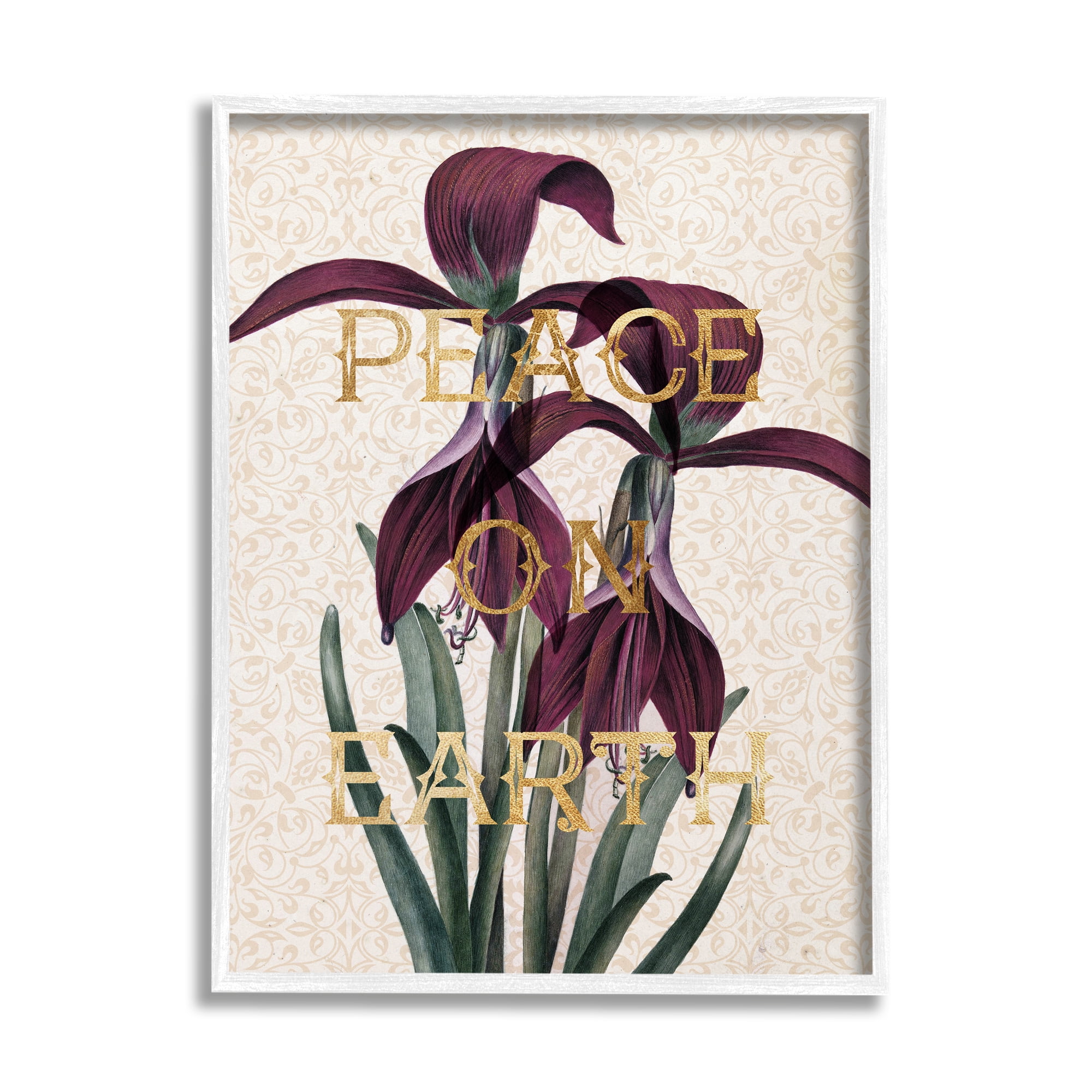 Stupell Industries Peace On Earth Phrase Purple Iris Elegant Pattern Botanical & Floral Painting White Framed Art Print Wall Art, 11 x 14