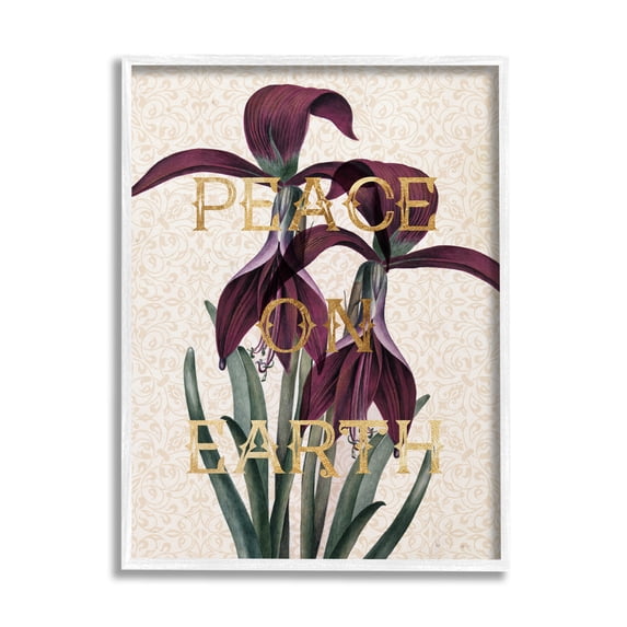 Stupell Industries Peace On Earth Phrase Purple Iris Elegant Pattern Botanical & Floral Painting White Framed Art Print Wall Art, 16 x 20