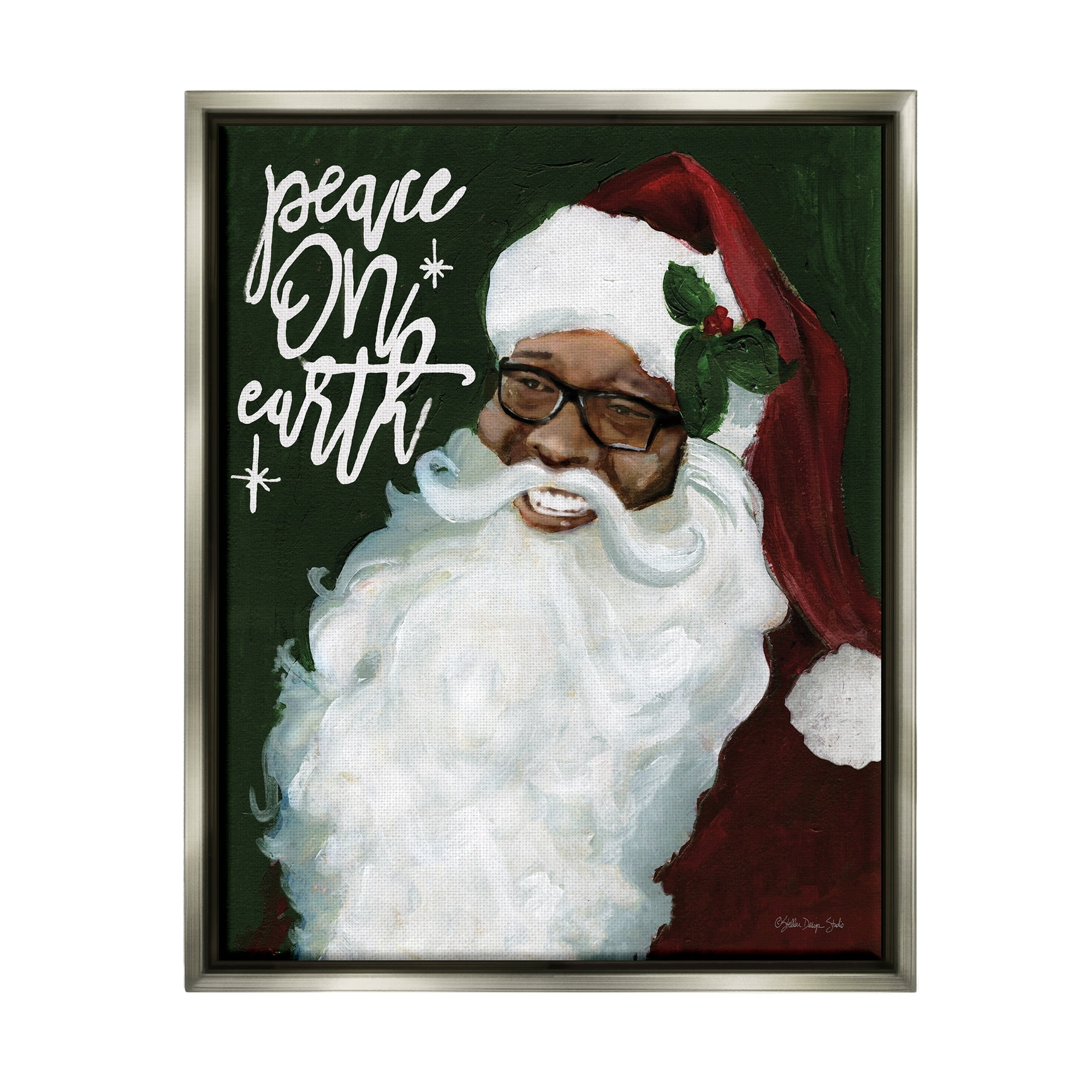 Stupell Industries Peace On Earth Phrase Santa Portrait Painting Luster Gray Framed Floating Canvas Wall Art, 24x30, by Stellar Design Studio
