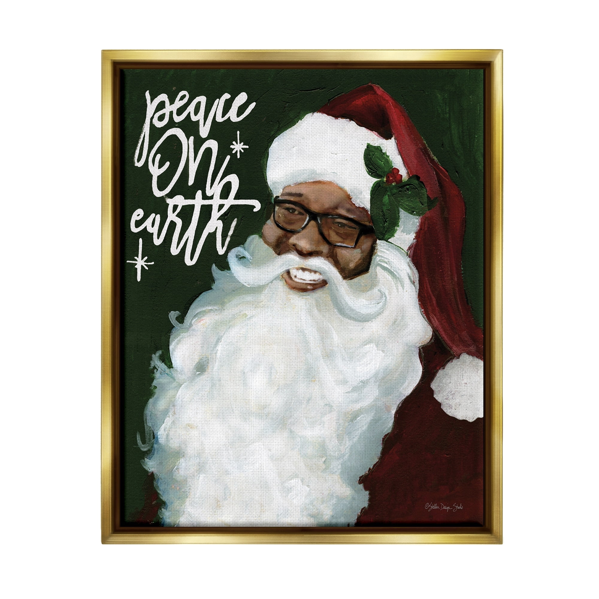 Stupell Industries Peace On Earth Phrase Santa Portrait Painting Metallic Gold Framed Floating Canvas Wall Art, 16x20, by Stellar Design Studio