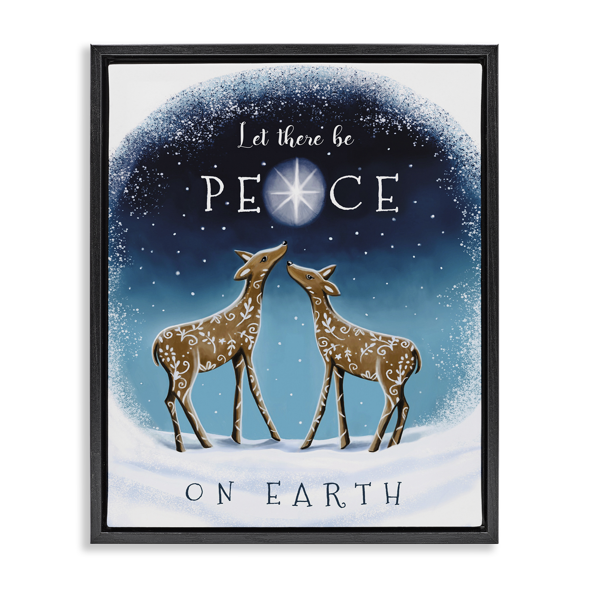 Stupell Industries Peace On Earth Reindeer Holiday Painting Black Floater Framed Art Print Wall Art, 25 x 31