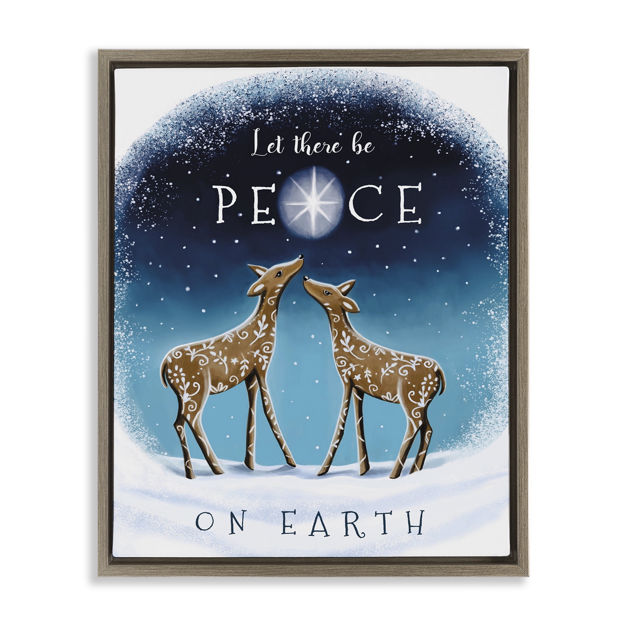 Stupell Industries Peace On Earth Reindeer Holiday Painting Brown Floater Framed Art Print Wall Art, 17 x 21