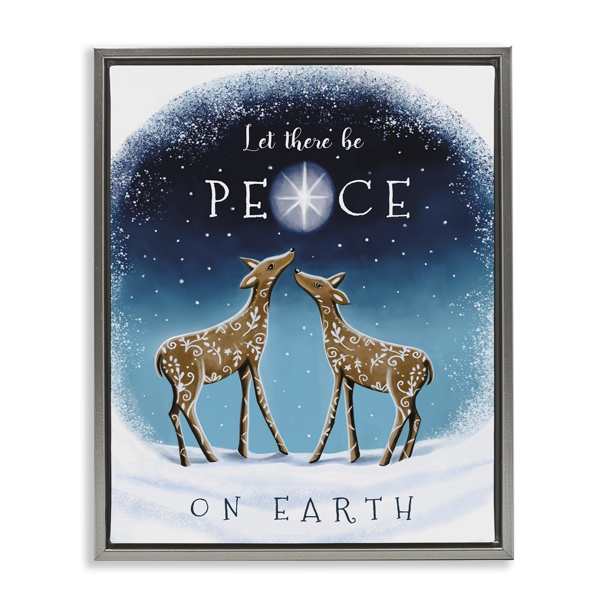 Stupell Industries Peace On Earth Reindeer Holiday Painting Gray Floater Framed Art Print Wall Art, 25 x 31