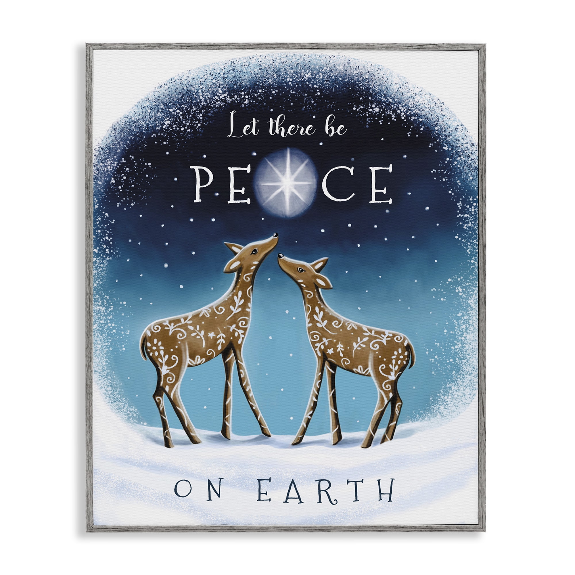 Stupell Industries Peace On Earth Reindeer Holiday Painting Gray Framed Art Print Wall Art, 16 x 20