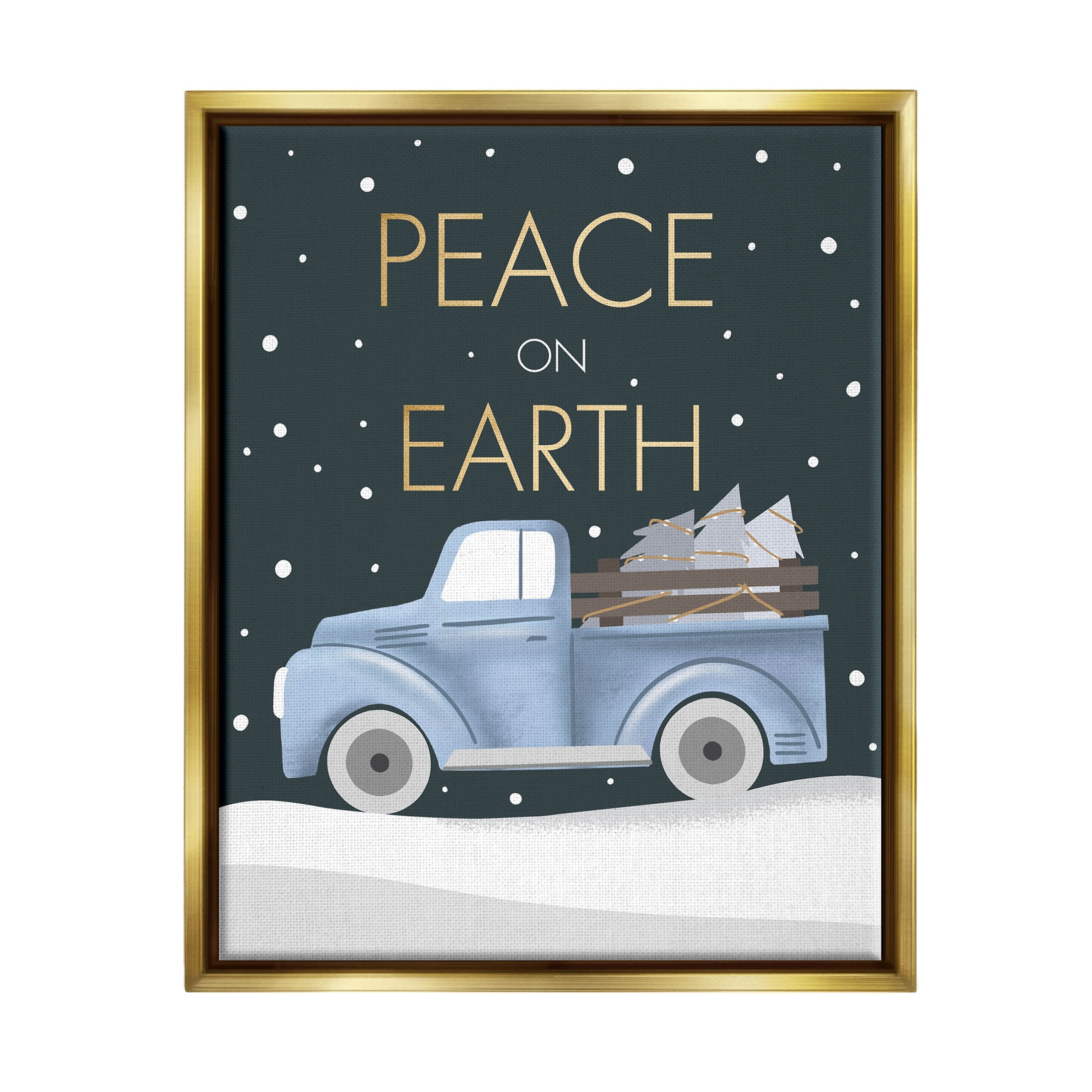 Stupell Industries Peace On Earth Snowy Truck Graphic Art Metallic Gold Floating Framed Canvas Print Wall Art, Design by Louise Allen Designs