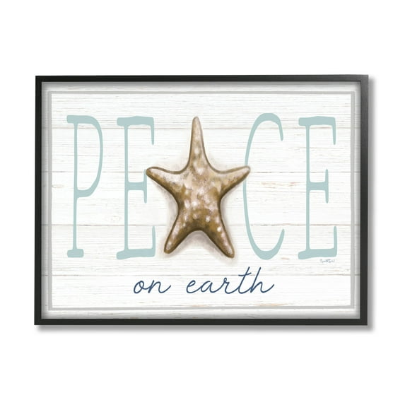 Stupell Industries Peace On Earth Starfish Sign Graphic Art Black Framed Art Print Wall Art, Design by Elizabeth Tyndall