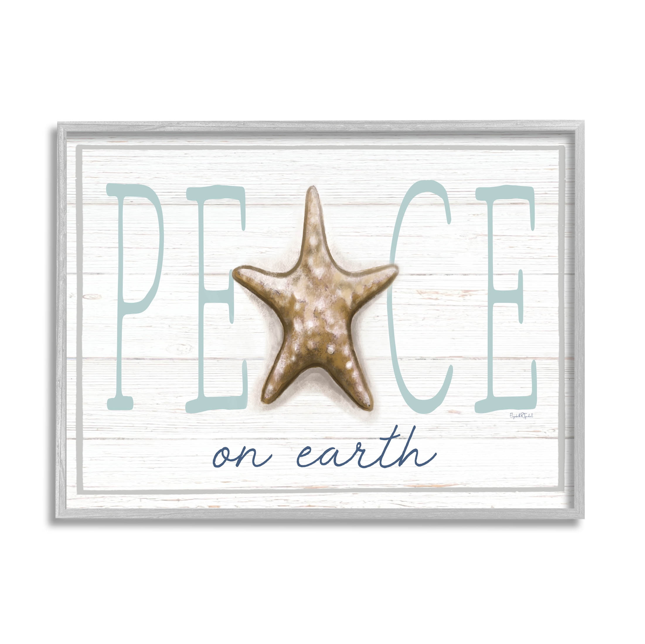 Stupell Industries Peace On Earth Starfish Sign Graphic Art Gray Framed Art Print Wall Art, Design by Elizabeth Tyndall