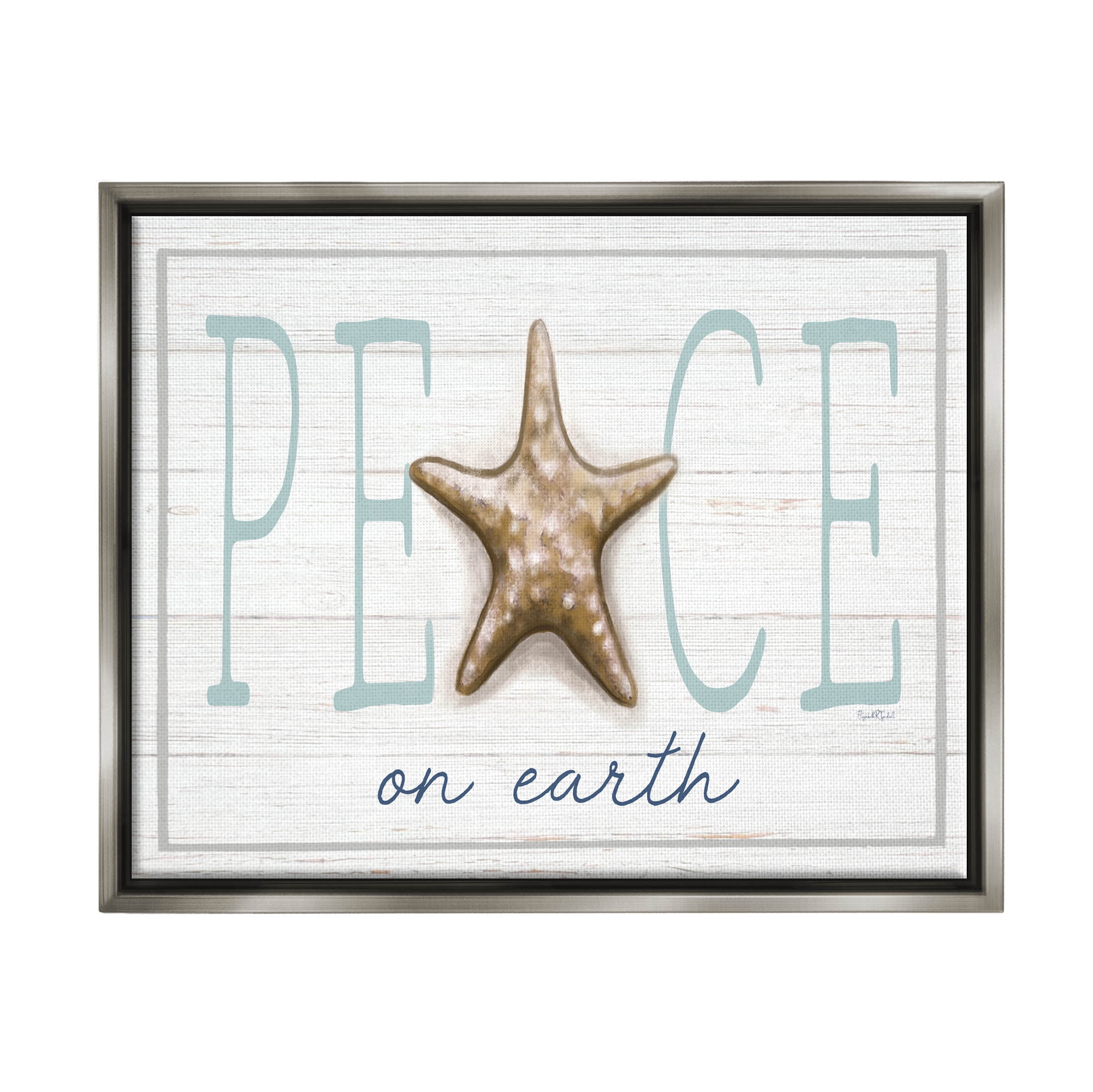 Stupell Industries Peace On Earth Starfish Sign Graphic Art Luster Gray Floating Framed Canvas Print Wall Art, Design by Elizabeth Tyndall