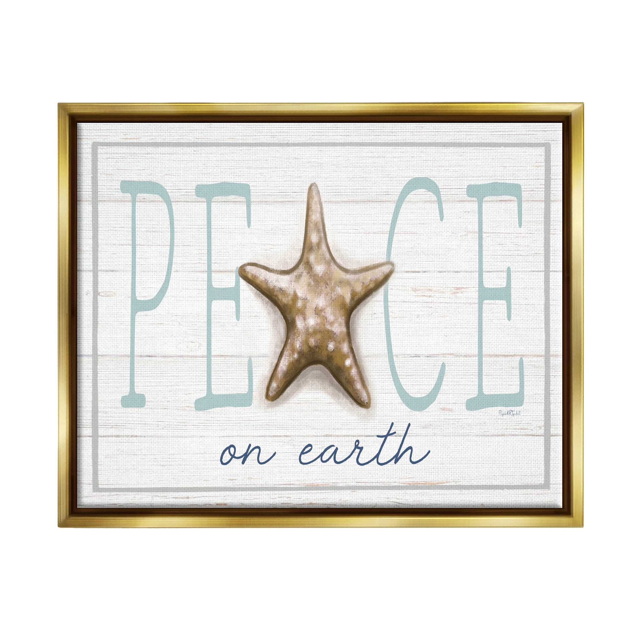 Stupell Industries Peace On Earth Starfish Sign Graphic Art Metallic Gold Floating Framed Canvas Print Wall Art, Design by Elizabeth Tyndall