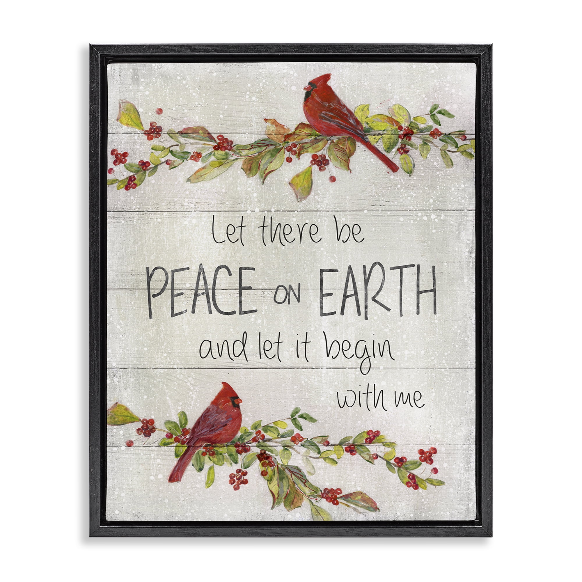 Stupell Industries Peace On Earth With Me Holiday Painting Black Floater Framed Canvas Art Prints Wall Art, 25 x 31