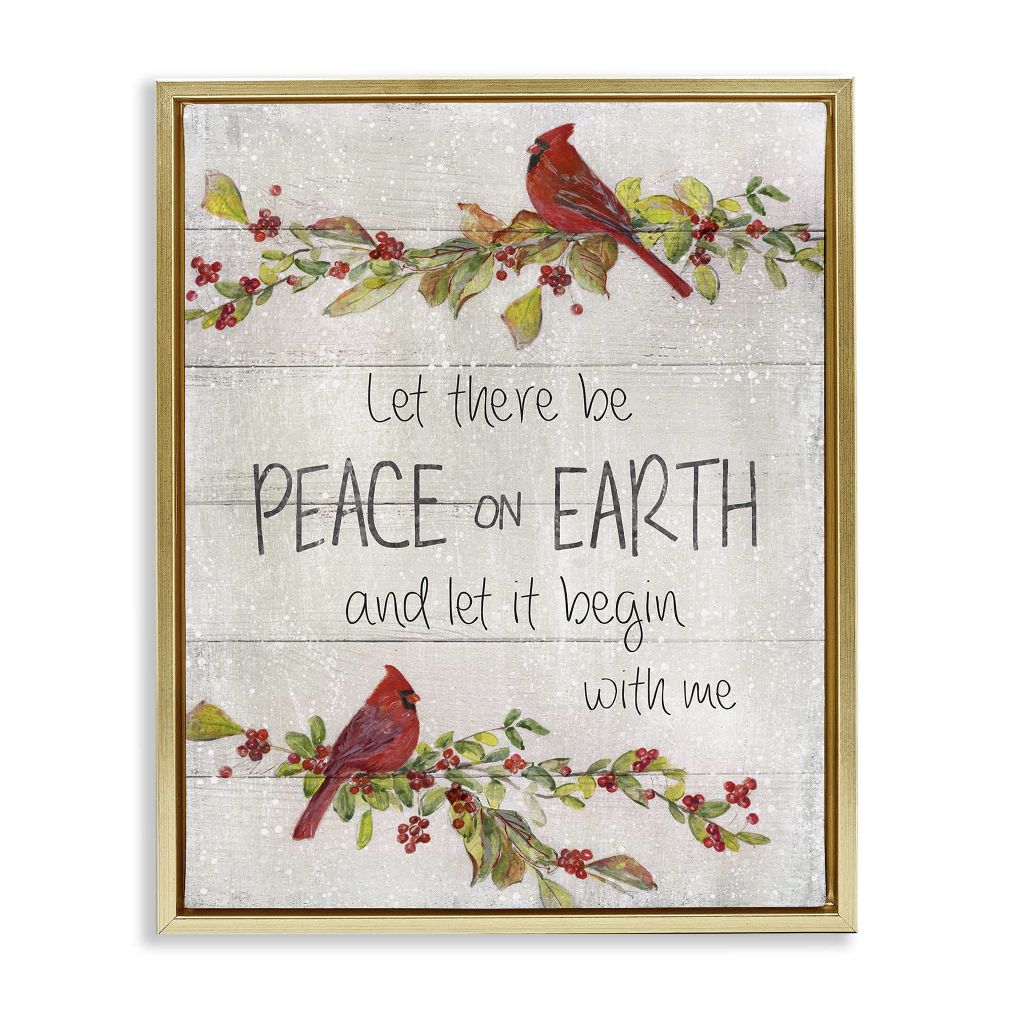 Stupell Industries Peace On Earth With Me Holiday Painting Gold Floater Framed Canvas Art Prints Wall Art, 25 x 31
