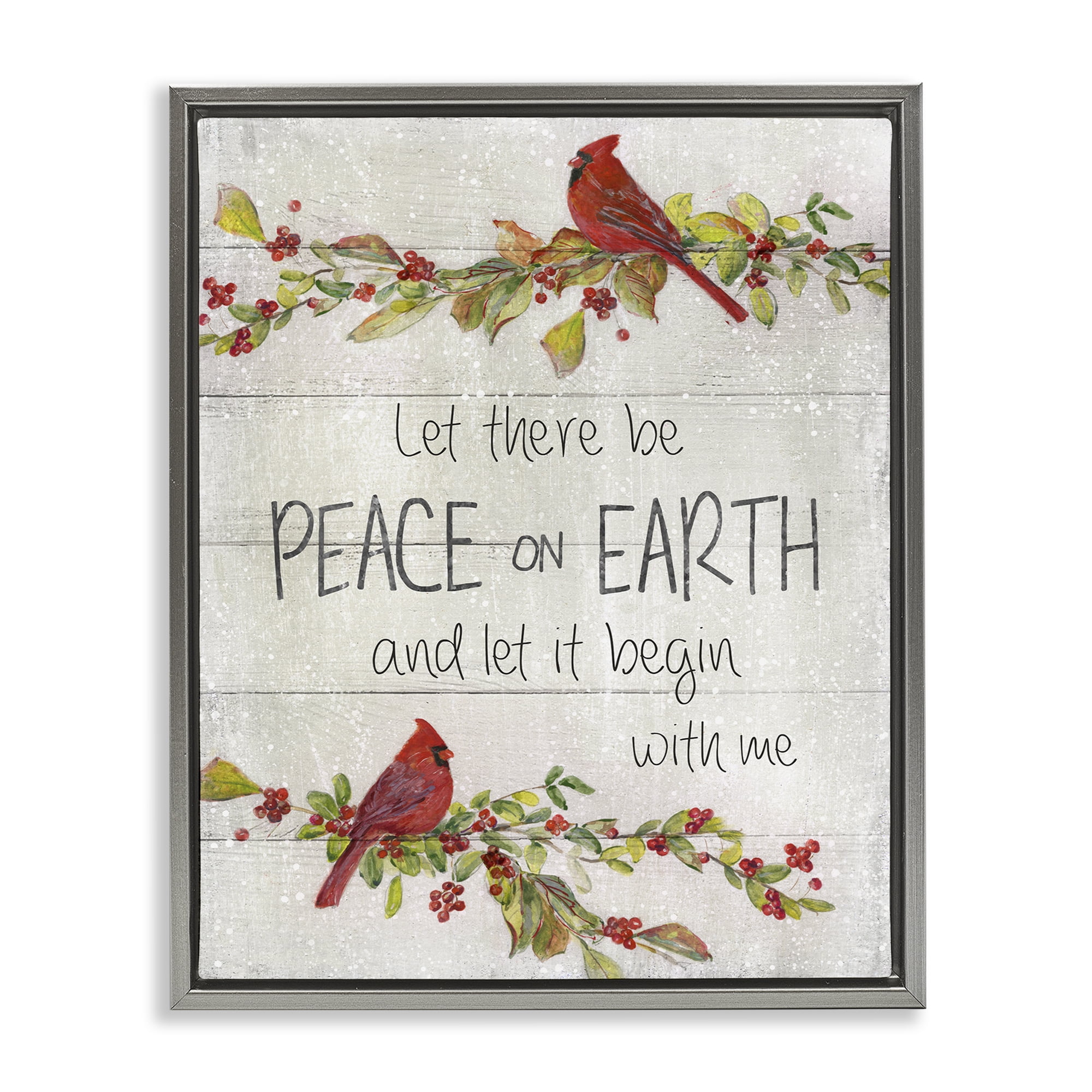 Stupell Industries Peace On Earth With Me Holiday Painting Gray Floater Framed Canvas Art Prints Wall Art, 17 x 21