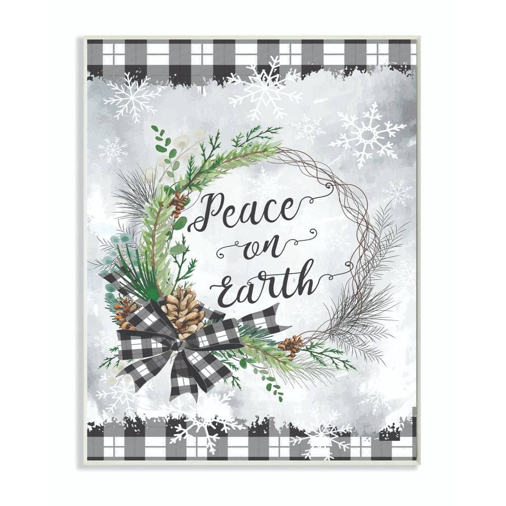 Stupell Industries Peace On Earth Wreath Plaid Holiday Christmas Word Design Wood Wall Art By Artist ND Art