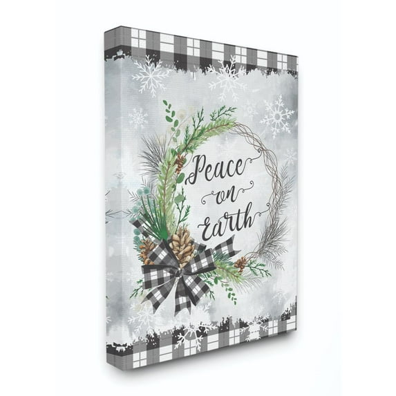 Stupell Industries Peace On Earth Wreath Plaid Holiday Christmas Word DesignCanvas Wall Art By Artist ND Art