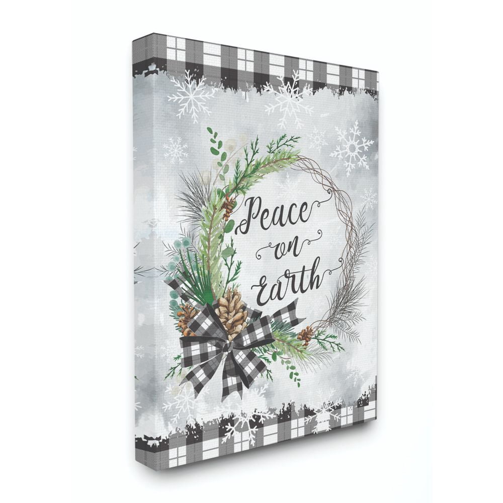 Stupell Industries Peace On Earth Wreath Plaid Holiday Christmas Word DesignCanvas Wall Art By Artist ND Art