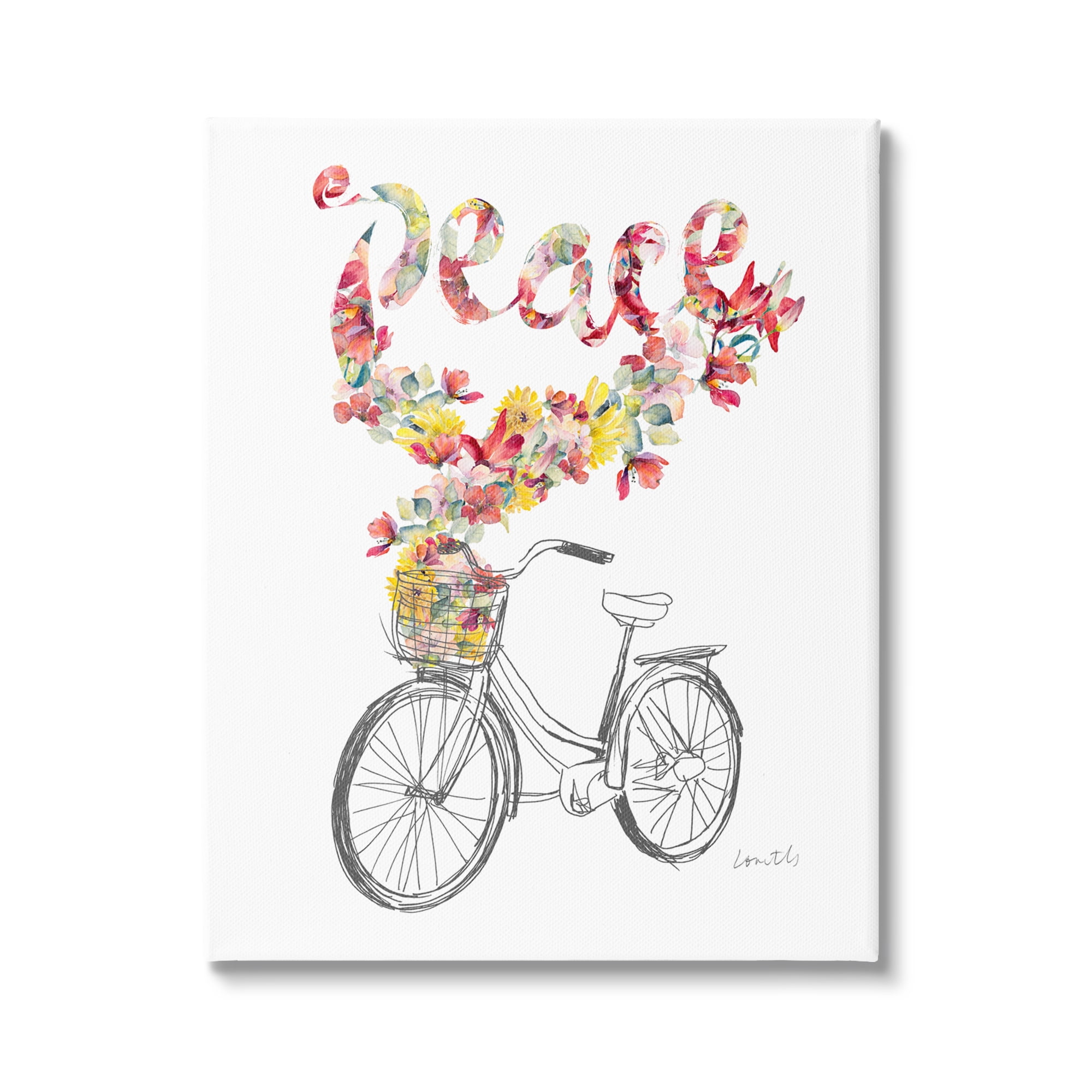 Stupell Industries Peace Phrase Quaint Floral Bouquet Bicycle Basket Canvas Wall Art, 36 x 48, Design by Lanie Loreth