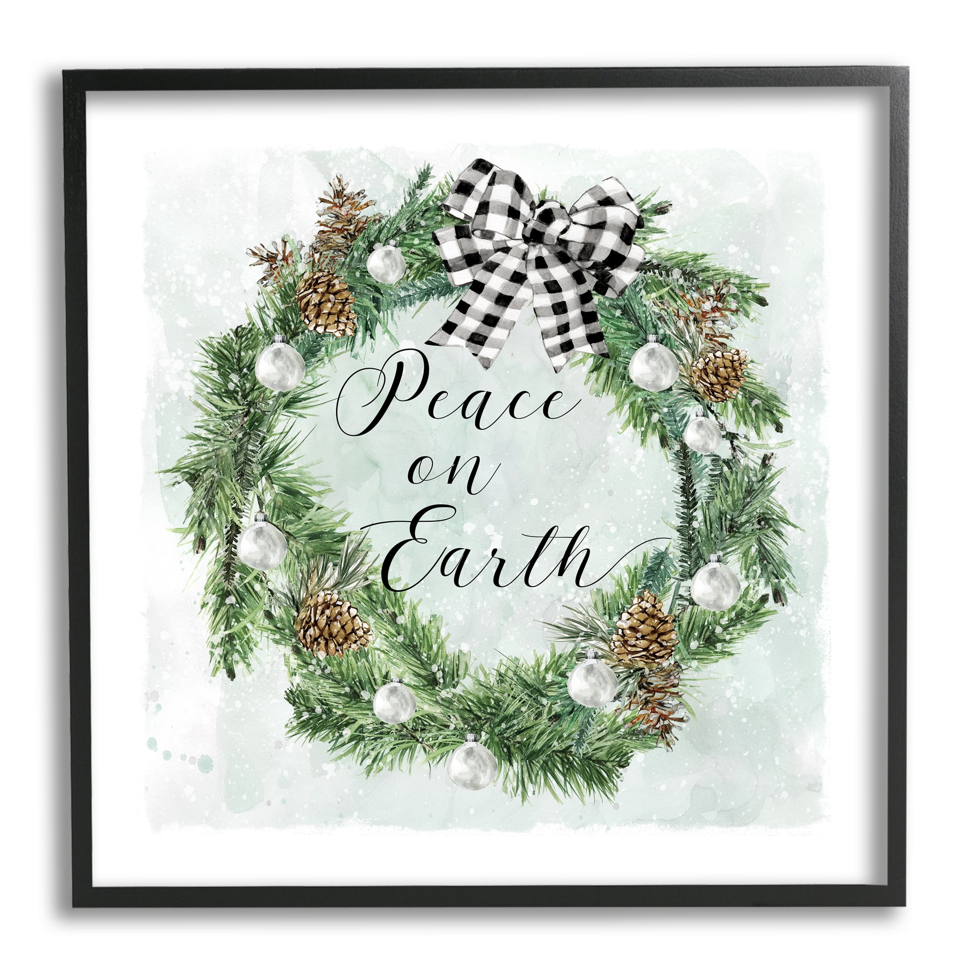Stupell Industries Peace Seasonal Wreath Holiday Painting Black Framed Art Print Wall Art, 24 x 24