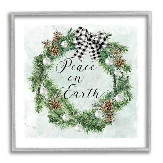 Stupell Industries Peace Seasonal Wreath Holiday Painting Gray Framed Art Print Wall Art, 17 x 17
