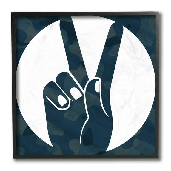 Stupell Industries Peace Sign Hand Pose Over Dark Blue Camouflage Black Framed, 12 x 12, Design by Daphne Polselli