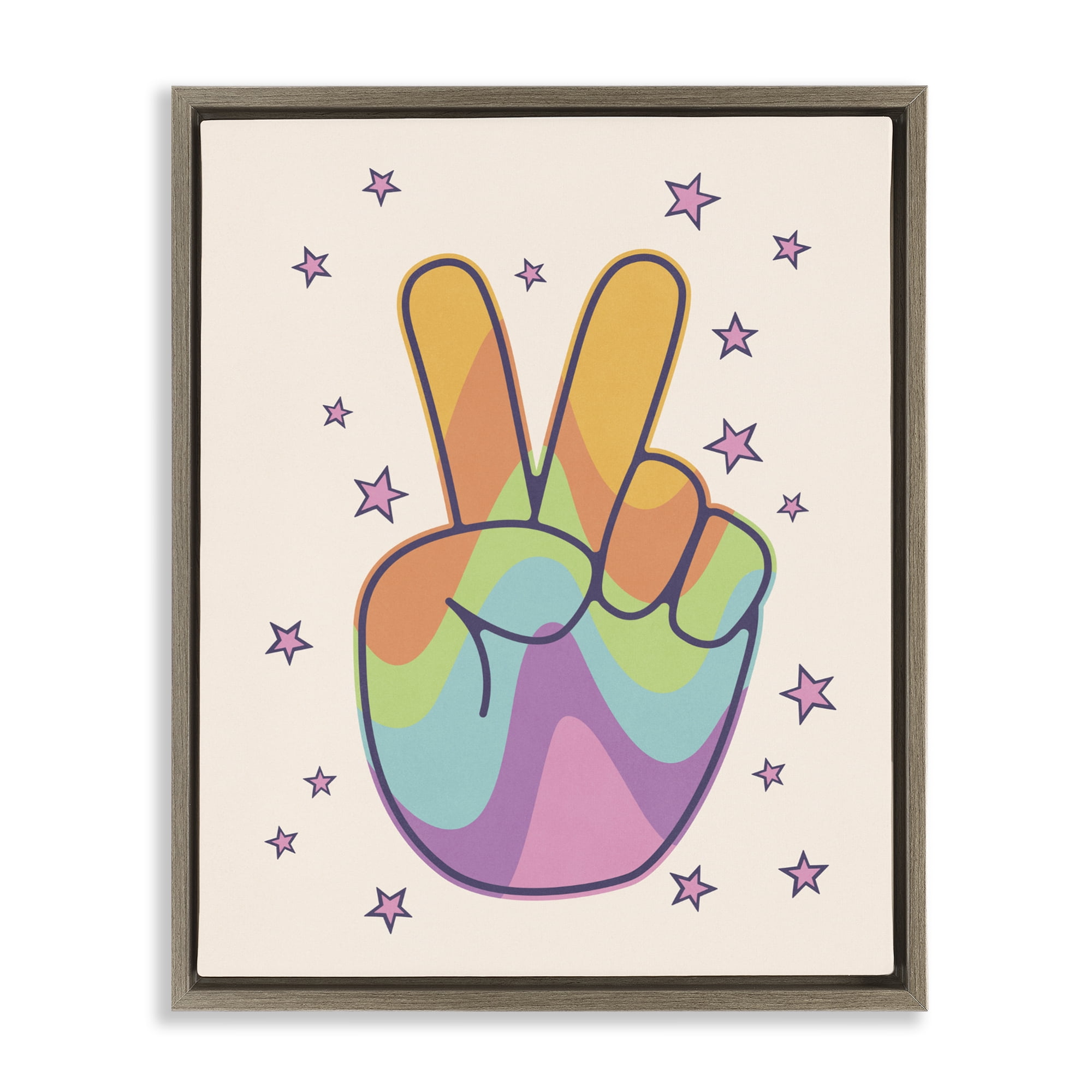 Stupell Industries Peace Sign Retro Rainbow Brown Framed Floater Canvas Wall Art, design by LSR Design Studio