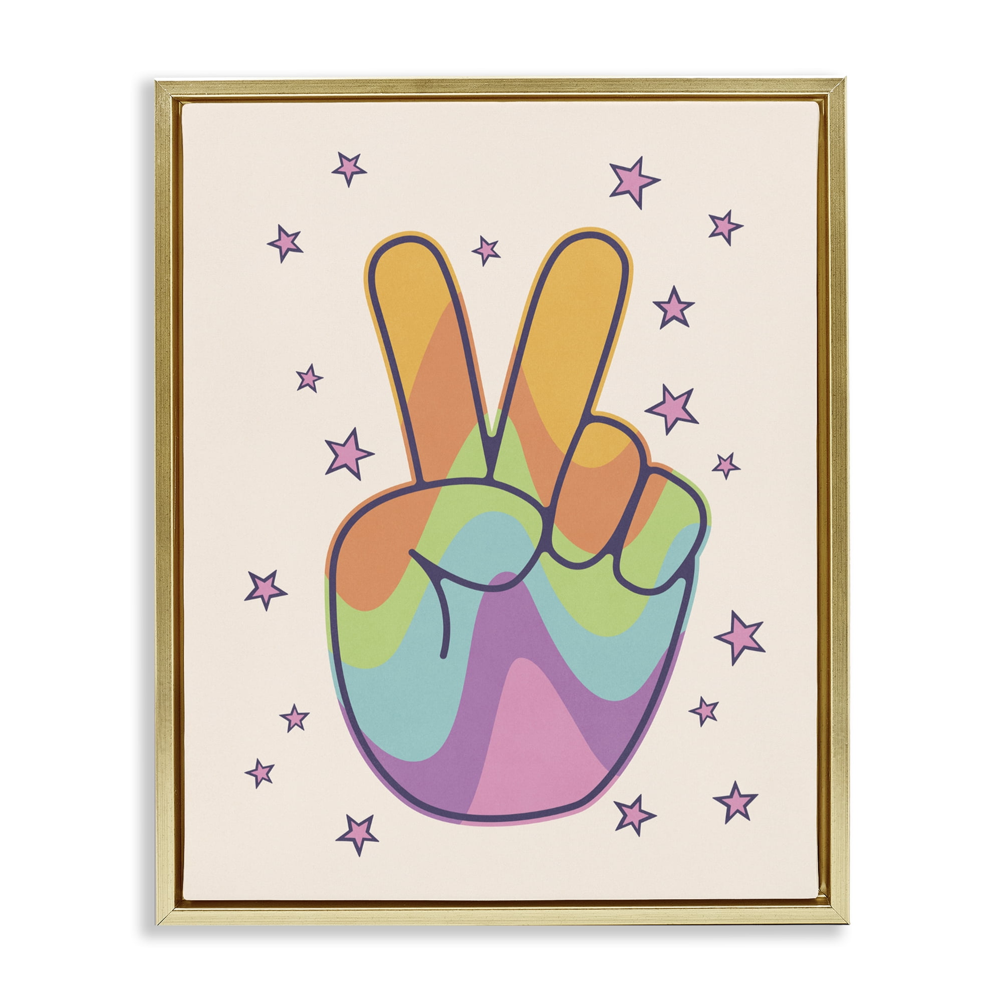 Stupell Industries Peace Sign Retro Rainbow Gold Framed Floater Canvas Wall Art, design by LSR Design Studio