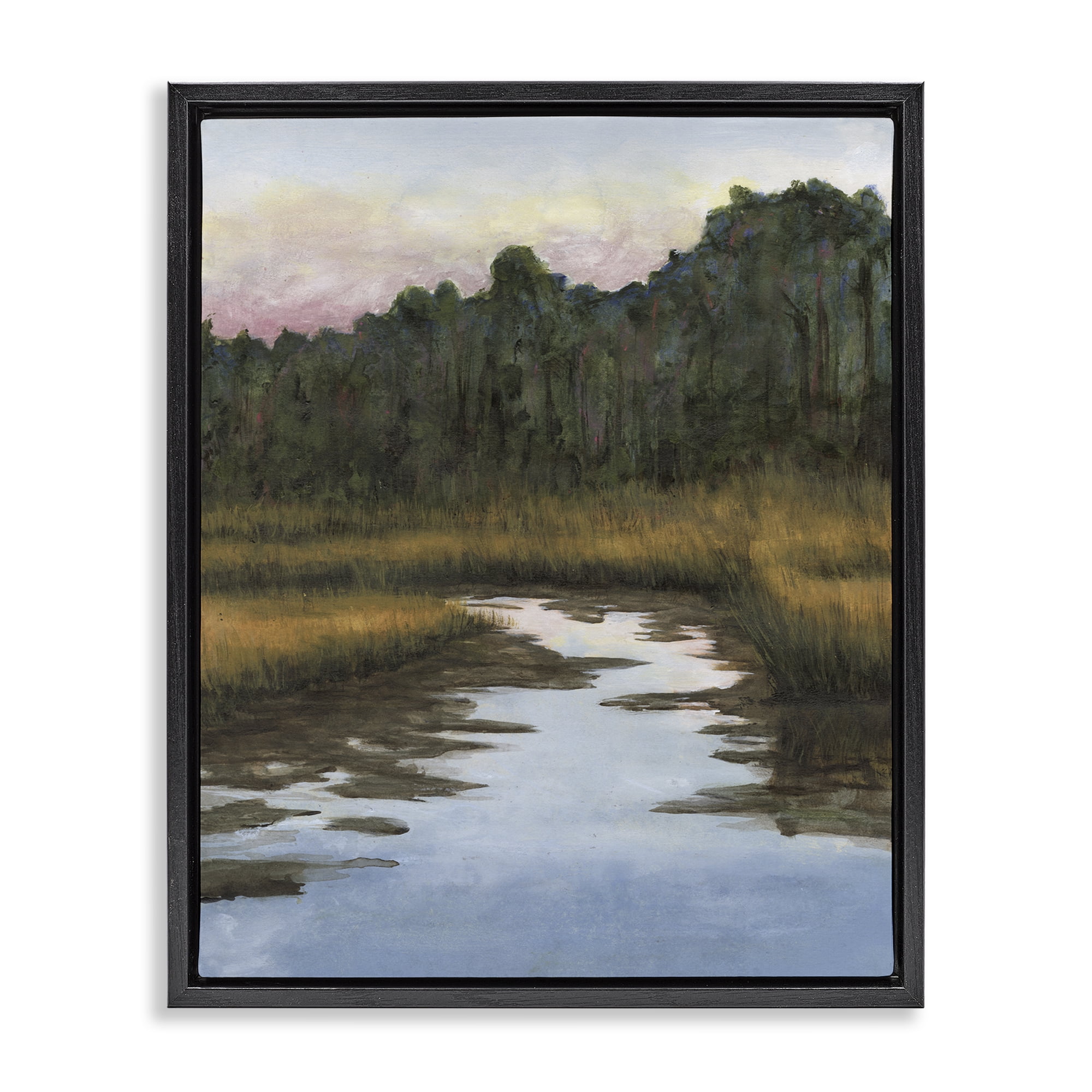 Stupell Industries Peace Stream in Nature Landscape & Nature Painting Black Floater Framed Canvas Art Print Wall Art, 25 x 31