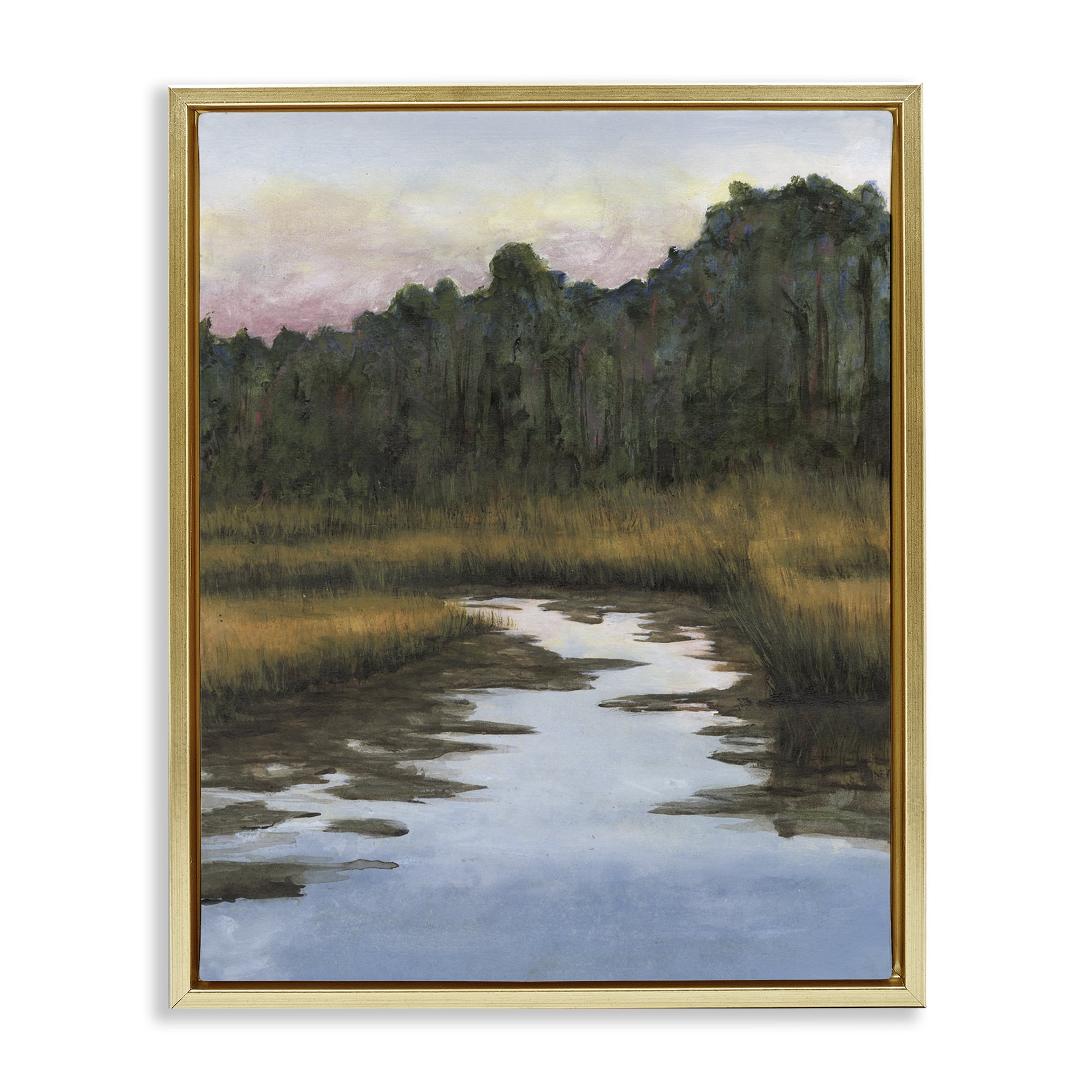 Stupell Industries Peace Stream in Nature Landscape & Nature Painting Gold Floater Framed Canvas Art Print Wall Art, 17 x 21