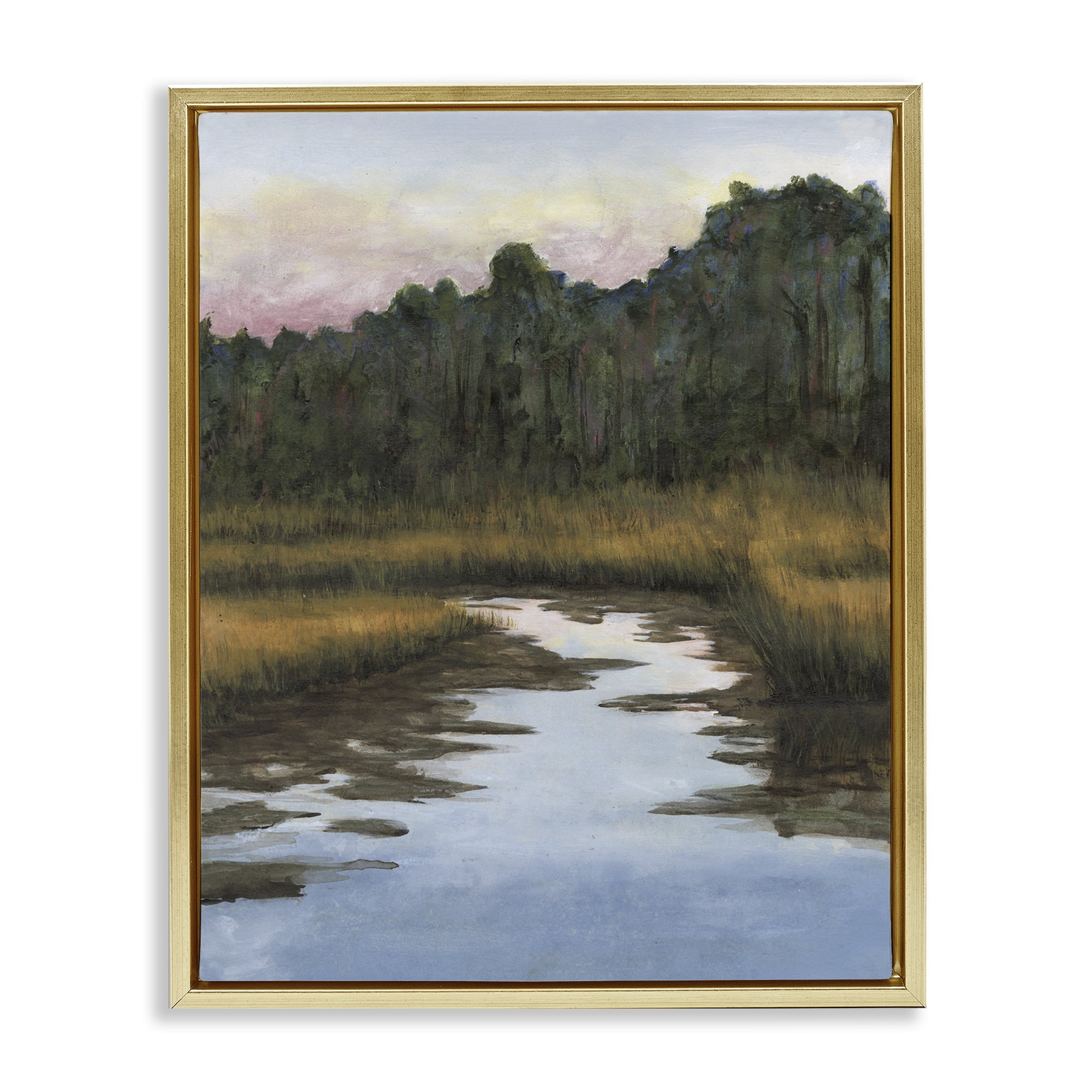 Stupell Industries Peace Stream in Nature Landscape & Nature Painting Gold Floater Framed Canvas Art Print Wall Art, 25 x 31