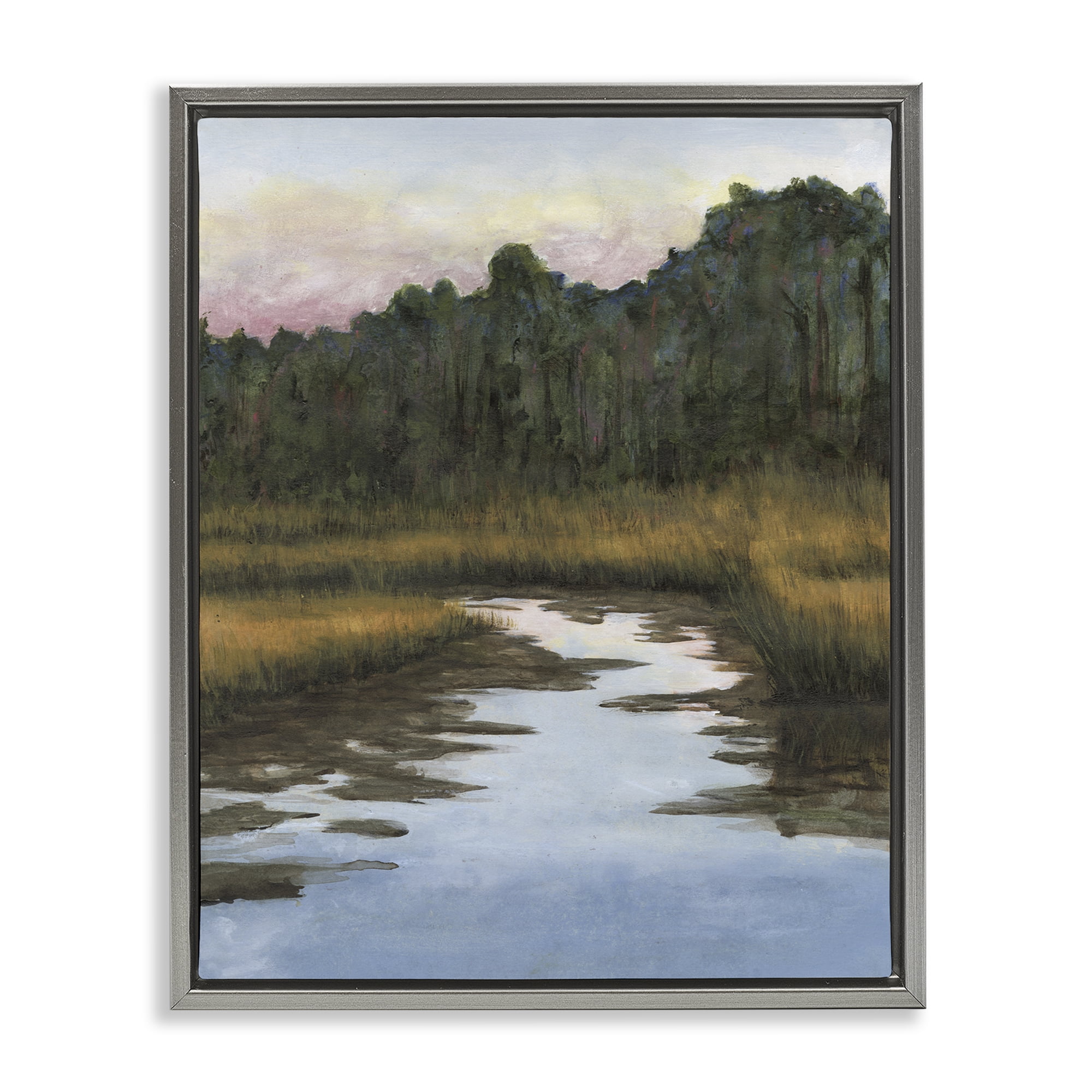 Stupell Industries Peace Stream in Nature Landscape & Nature Painting Gray Floater Framed Canvas Art Print Wall Art, 25 x 31