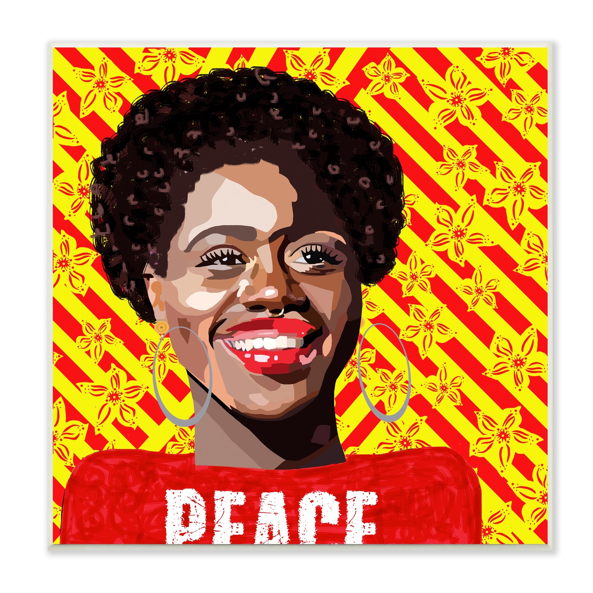 Stupell Industries Peace Text Smiling Woman Floral Red Stripes , 12 x 12, Design by Lynnda Rakos