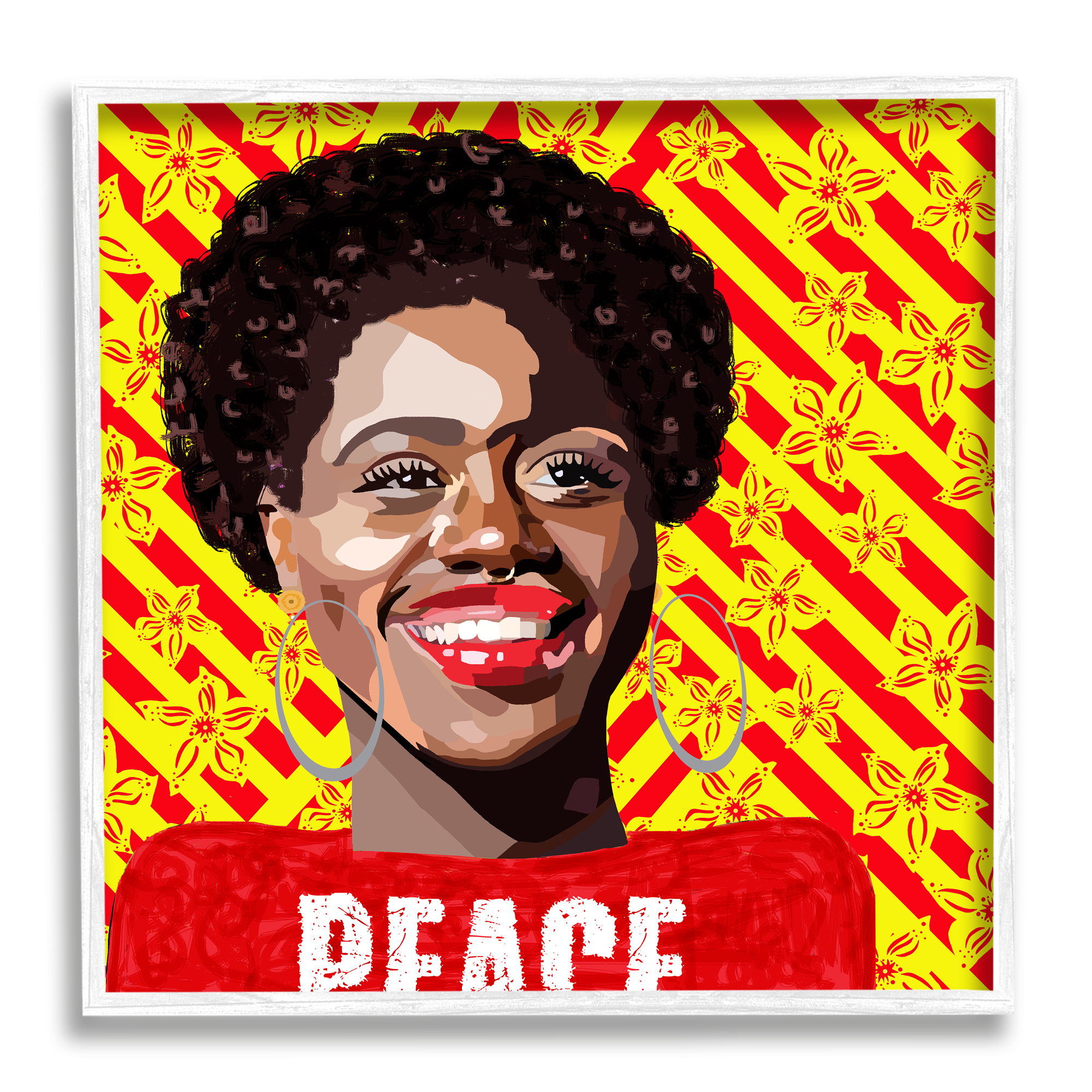 Stupell Industries Peace Text Smiling Woman Floral Red Stripes , 12 x 12, Design by Lynnda Rakos