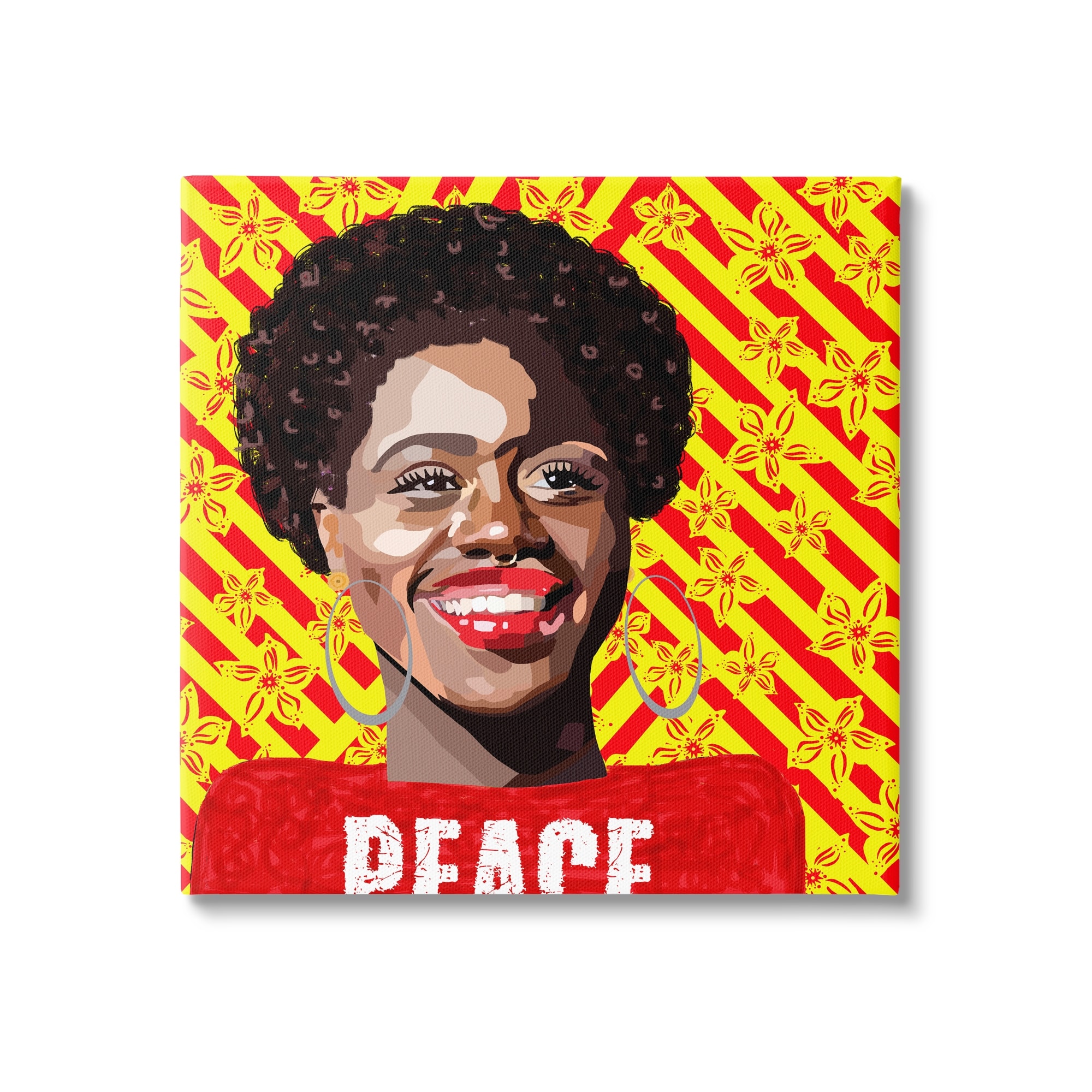 Stupell Industries Peace Text Smiling Woman Floral Red Stripes , 17 x 17, Design by Lynnda Rakos