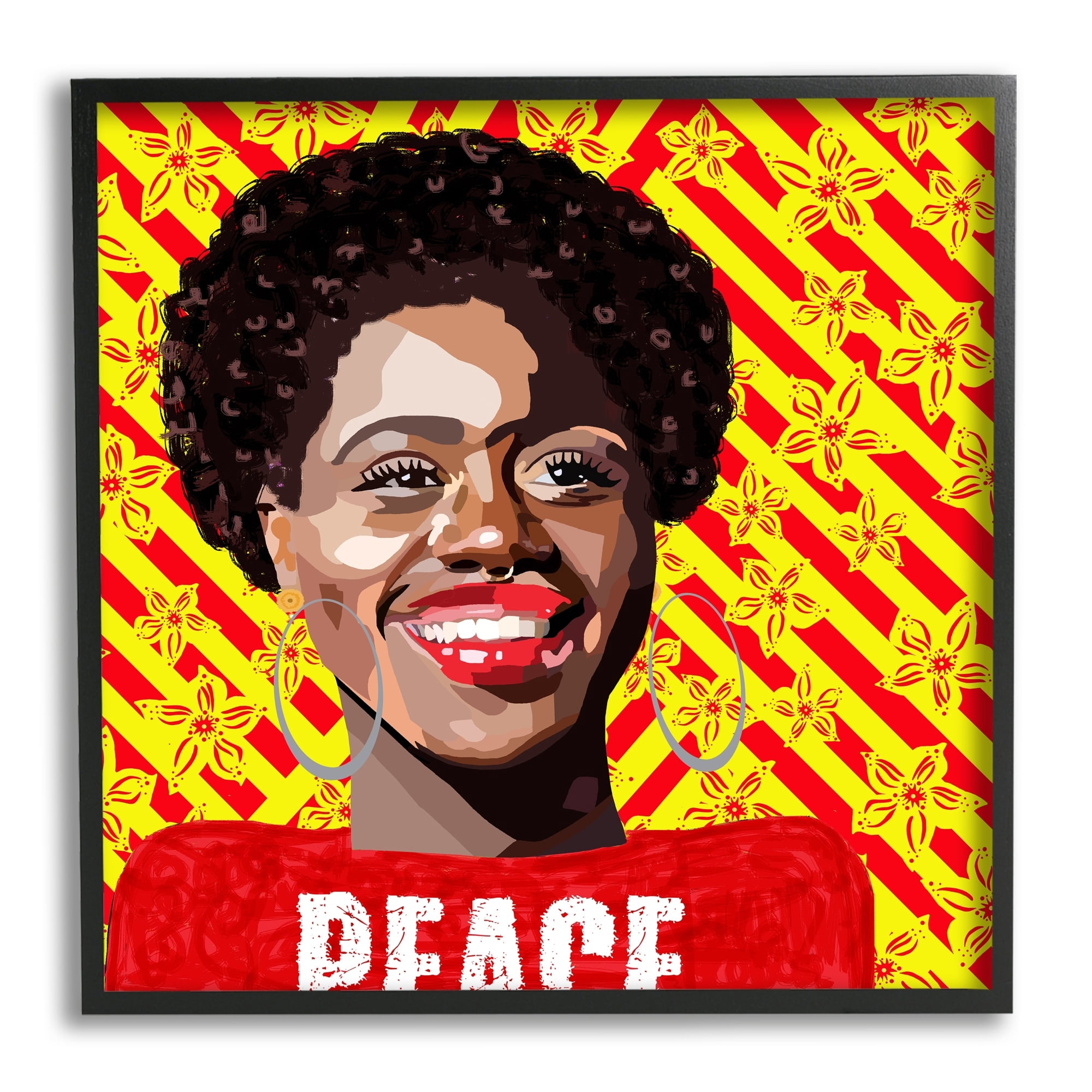 Stupell Industries Peace Text Smiling Woman Floral Red Stripes , 17 x 30, Design by Lynnda Rakos
